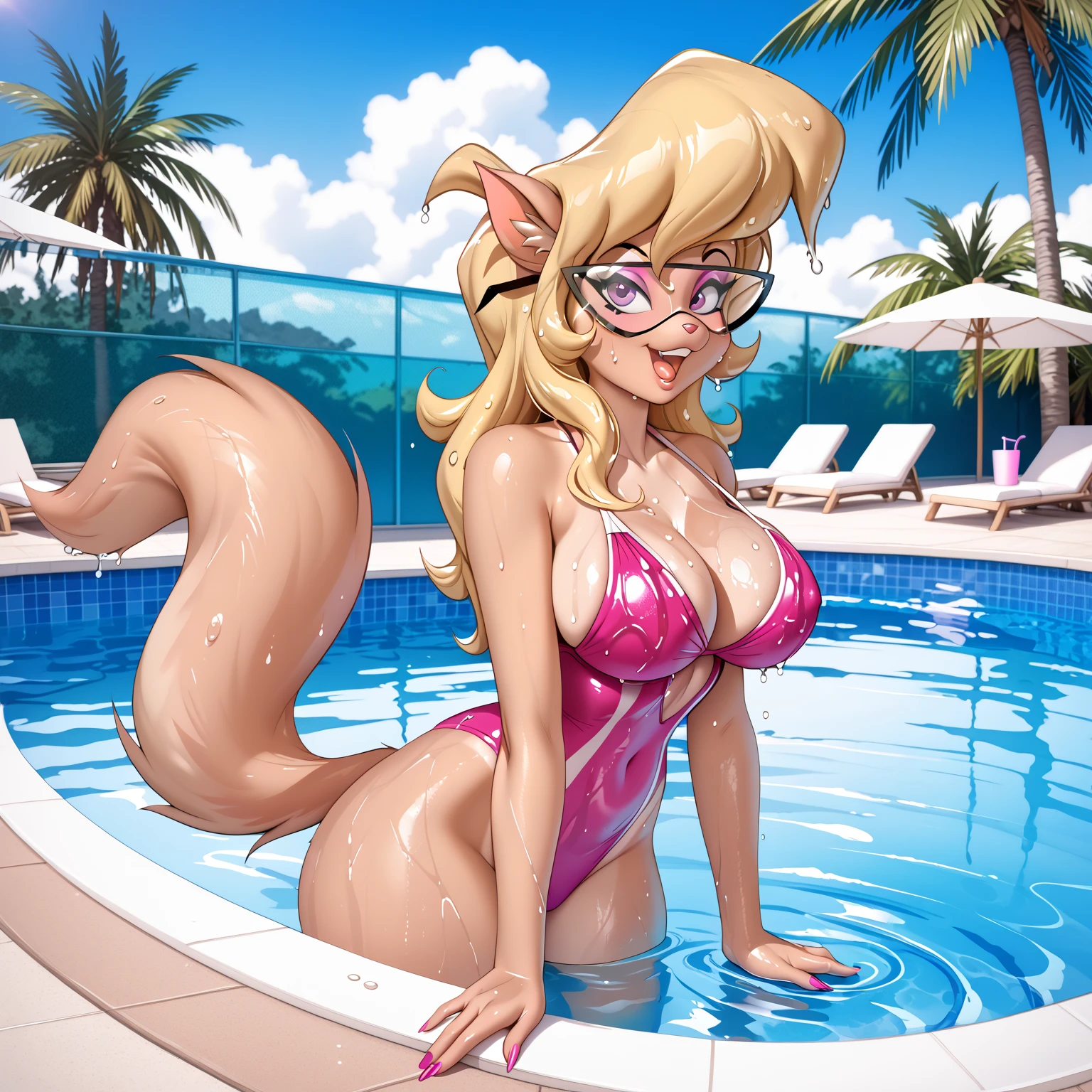 masterpiece, top quality, best quality, highly detailed, 8k, super high resolution, absurdres, perfect anatomy, ((solo focus, 1girl)), ((detailed eyes)), ((looking at viewer, hands on hips, posing)), (joyful, smile, happy), ((anthro brown horse, blonde horse tail, blonde mane)), ((brown mottled body, brown snout)), (freckles), (adult), ((blonde hair)), blue eyes, (half-closed eyes), ((long straight hairstyle)), (voluptuous, hourglass figure, thick thighs, large breasts, long legs, bare midriff), (((green trim, tight orange swimsuit))), ((gold jewelry, bracelets)), ((indoor pool, interior, liminal space)), equine face, 