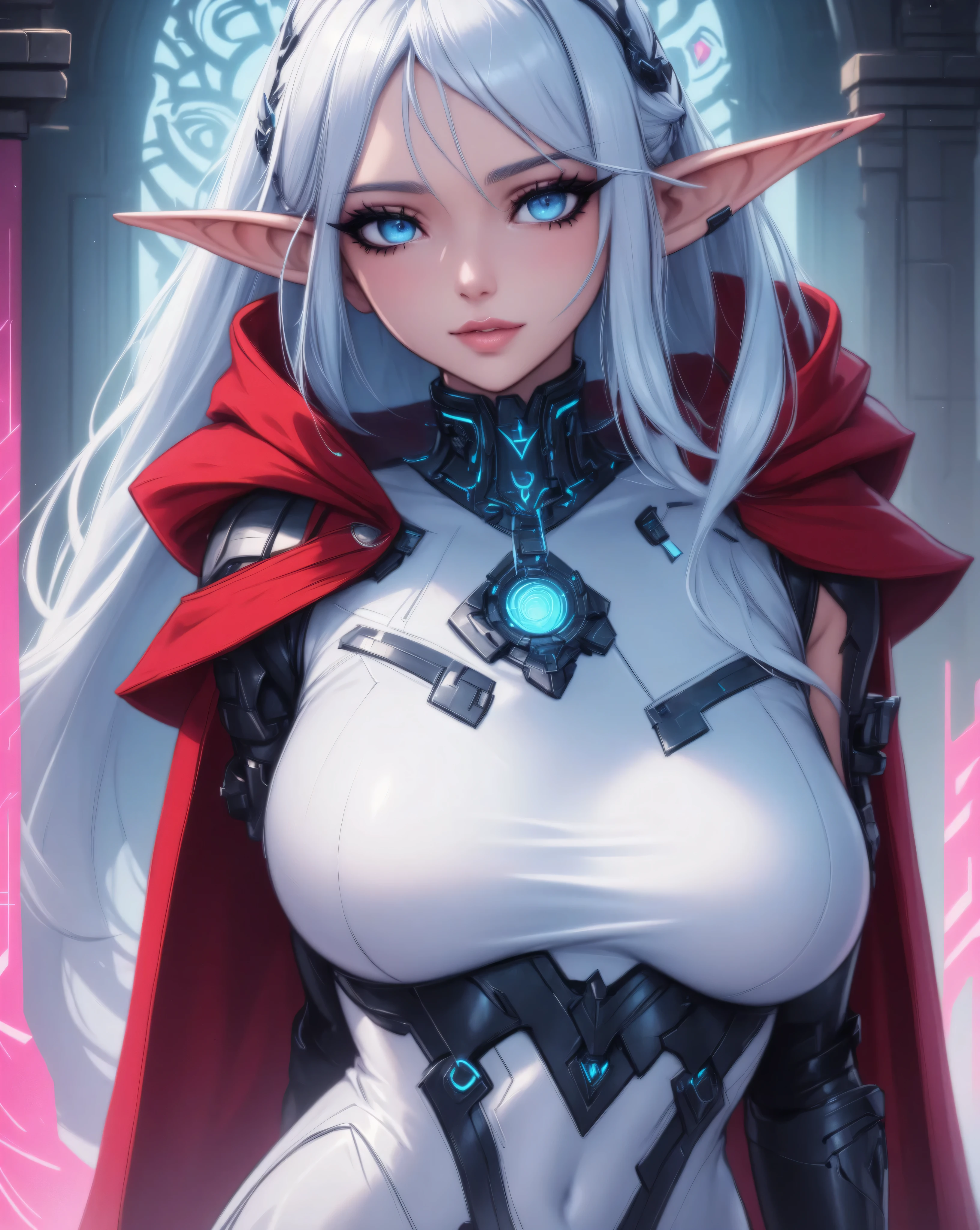 Pale skin, sophisticated, elf, winter armor, glaring at viewer, destroyed village,