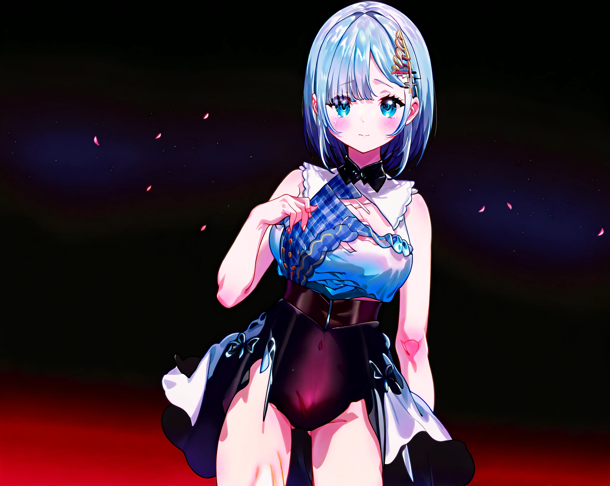 best quality, 1 Girl, (Dakota:1.0), blue eyes, Pixie Short Hair, (Large Breasts), blush, hr