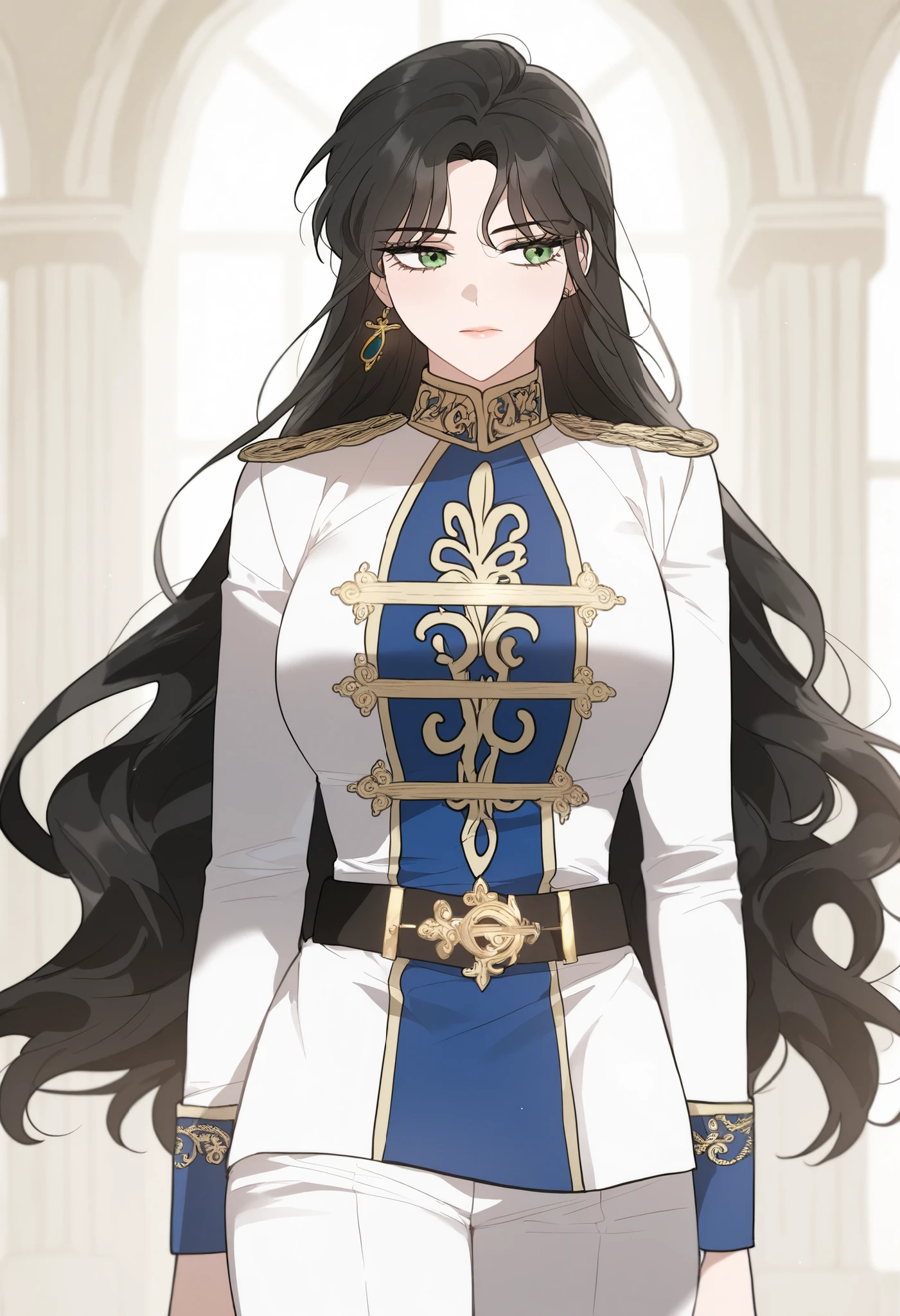 masterpiece, best quality, very detailed, , masterpiece, best quality, eyelashes, (Beautiful Eyes), cowboy shot,, Official webtoon Illustration, Official artwork,,1woman,long black hair,green shinny eyes,jacket with ornate gold decorations on the chest,cuffs,collar,featuring decorative shoulder cords.A belt at the waist securing the jacket in place. Slim, straight-cut white trousers