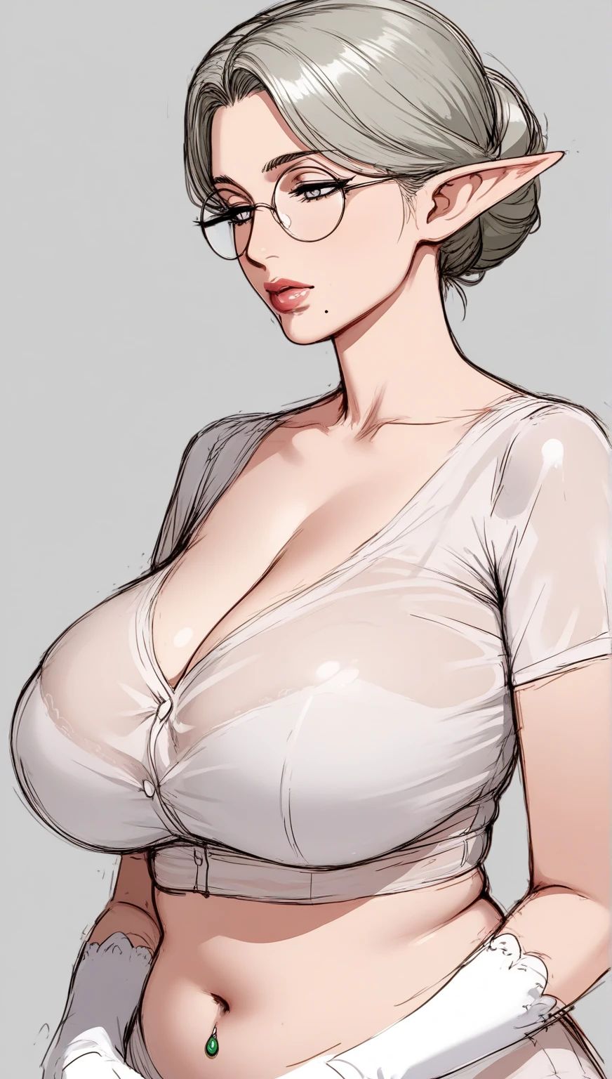 Beautiful mature Japanese woman aged 55, One Woman, Married women, Long eyelashes, Bob Hair, Wearing glasses, Hair fluttering, Red lipstick, Pink Cheeks, Pearl Necklace, Earrings, Dark eyeshadow, Cleavage, Nipples, ((Beige bra)), ((Beige panties)), Beautiful body, Hanging from a horizontal bar, (Pink Background),