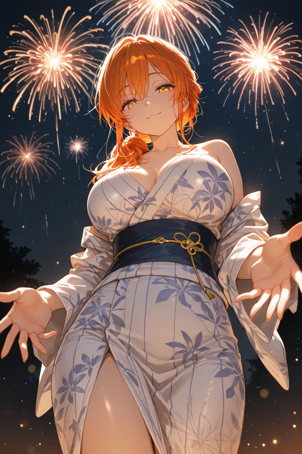 (Highest quality,4K,8k,High resolution,masterpiece:1.2),Very detailed,32-year-old woman、(((Mature Woman))), (((Mature Woman))), 独奏, from the front、Large Breasts, Cleavage、Beautiful Eyes、Orange Hair、Moss green eyes、Red lips, ((ponytail)), (Drill Hair), ((forehead)), Very cute face, Glossy Lips, Double eyelids on both eyes,Natural smile、Tight waist、Sexy ass、Natural Makeup, Long eyelashes, Shiny and smooth hair、Japanese yukata costume、Flower Hair Ornaments、night、Fireworks display、Colorful fireworks、cowboy shot, Shallow depth of field