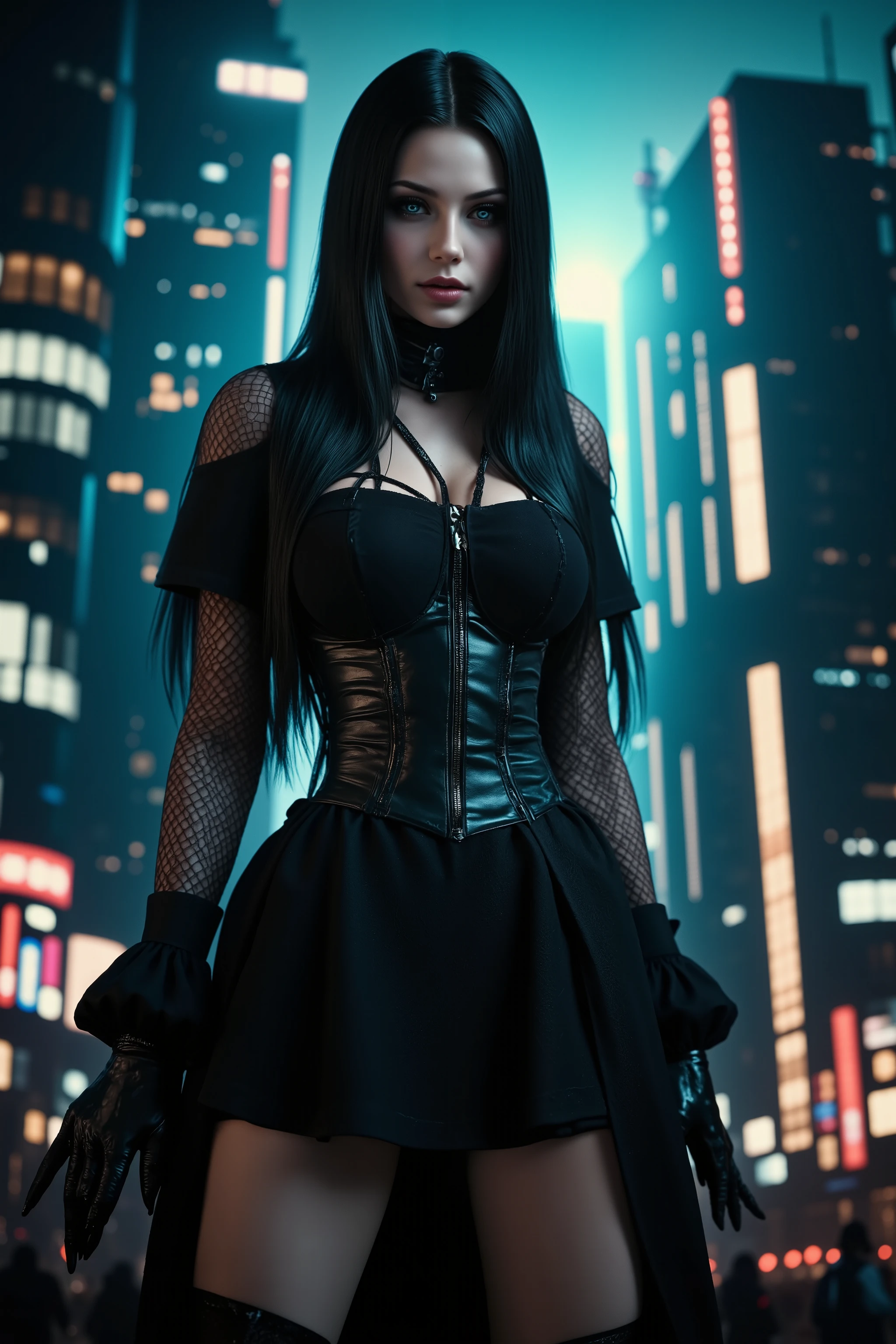 Ultra-realistic, Cyber city, far in the future. A 2000-year-old shrine maiden with extremely intense eyes and long black hair stalks the night on a dark city night,the buzz of a cybercity all around her,chaotic futuristic atmosphere,iconic character,dramatic presence, icon style,gothic beauty, 4k,surreal environment, dramatic lighting, cinematic composition, nightmarish imagery, otherworldly, suggesting the lack of love,dark fantasy art, highly detailed, intricate details, chiaroscuro, moody color palette, gothic style,oil painting, Masterpiece 3D