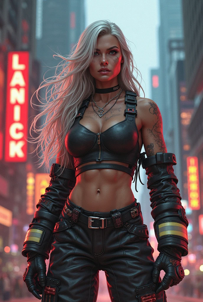 in NYC, Times Square, 25 year old woman in wolf style, from DC comics, with dreadlocks, intergalactic anti-heroine, known for her cruelty and sarcastic behavior.. He is depicted as an alien humanoid with pale white skin., long black dreadlocks, and super muscular physique in tight black leather pants.. His bright red eyes give his appearance a menacing cast... Often dressed in an open black leather vest., Tight pants, and heavy boots, he has a punk rock look. With tattoos and scars all over my body, emphasizing his seasoned character.,