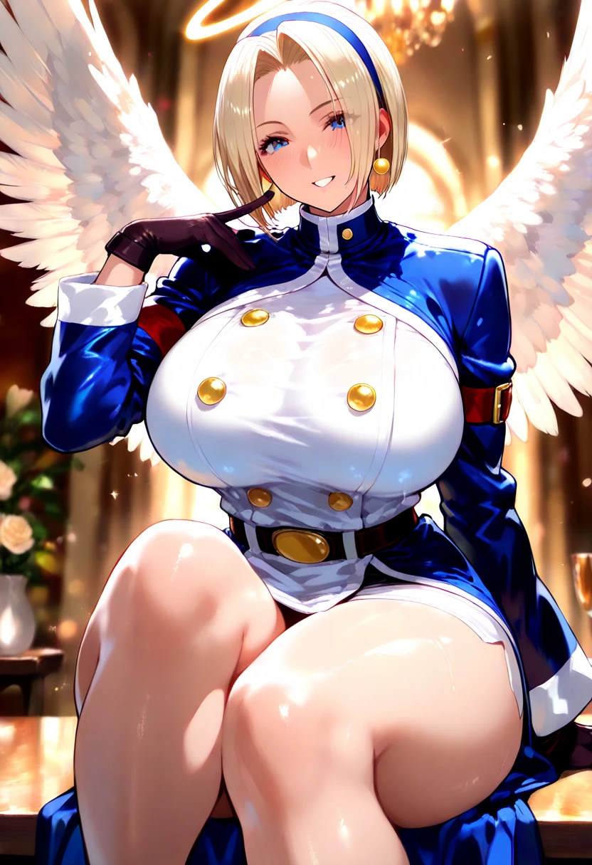 trading card, angel, sexy pose, big breasts, curvy, smile, bob haircut, sexy china dress, blonde, big eagle wings, halo
