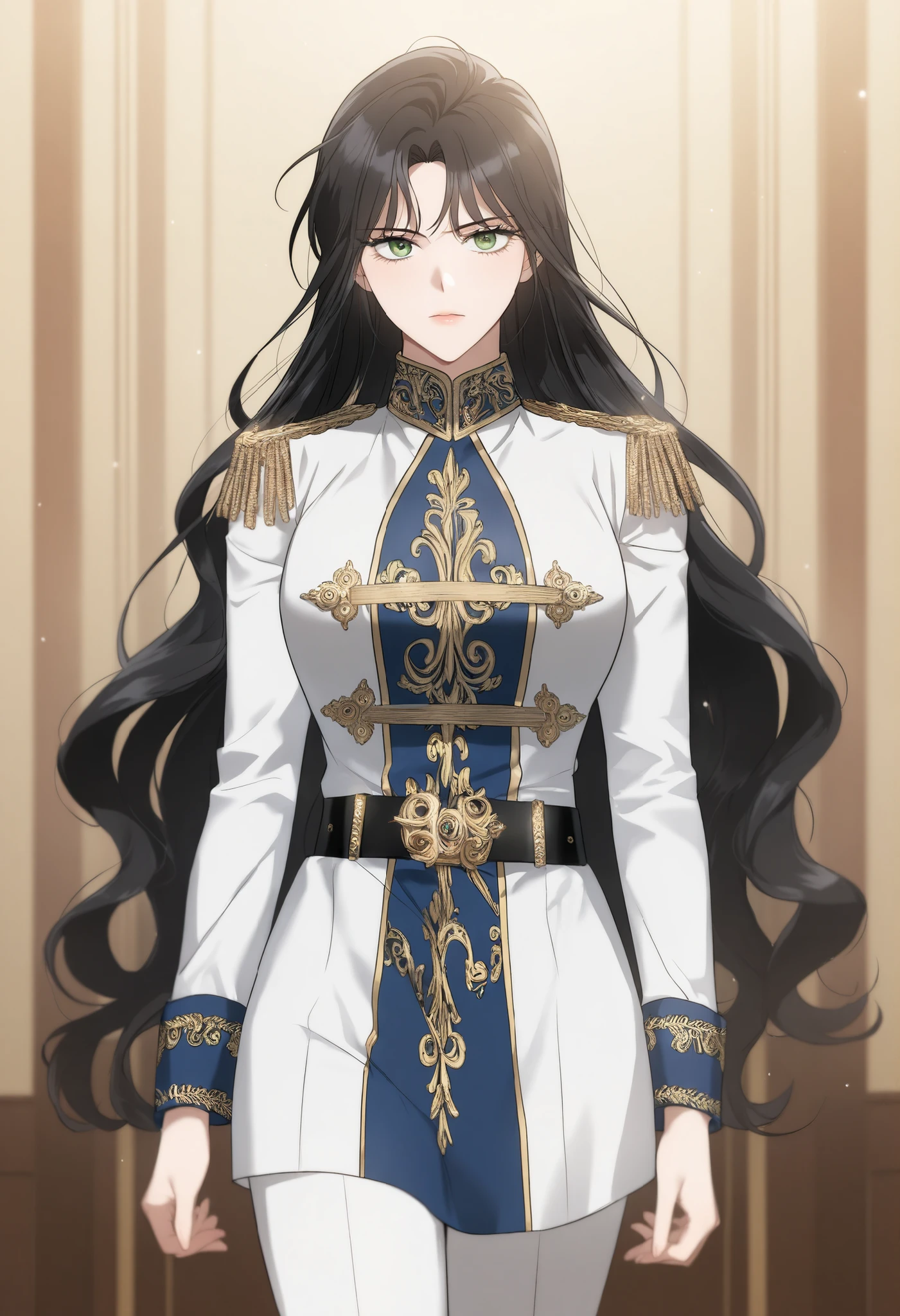 masterpiece, best quality, very detailed, , masterpiece, best quality, eyelashes, (Beautiful Eyes), cowboy shot,, Official webtoon Illustration, Official artwork,,1woman,long black hair,green shinny eyes,jacket with ornate gold decorations on the chest,cuffs,collar,featuring decorative shoulder cords.A belt at the waist securing the jacket in place. Slim, straight-cut white trousers