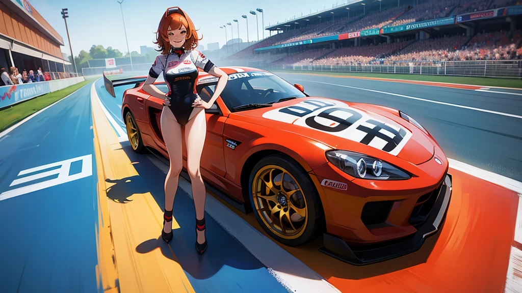 A woman wearing a race queen costume with white and red colors, orange red hair, orange eyes, purple eyes, big breasts, leather boots, next to a white race car with red details, standing, on the race track, perfect car. UHD , prime work , accurate , anatomically correct , textured skin , super details , high quality , best quality, 8k, high resolution, bokeh effect. (woman alone),