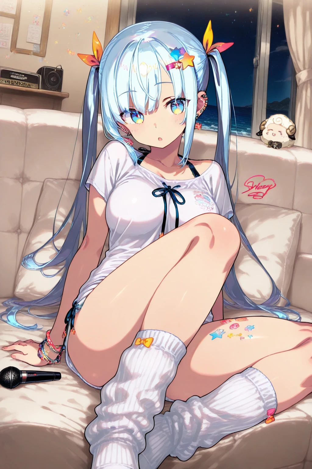Plain white with emphasis on the chestTshirt、You can see the chest from the neck、Ultramarine and white striped mini skirt、When you lift up her skirt you can see her cute pink frilly underwear...、fluffy, White frilly flared skirt、When she lifted her skirt, She found some cute red frilly underwear、barefoot、