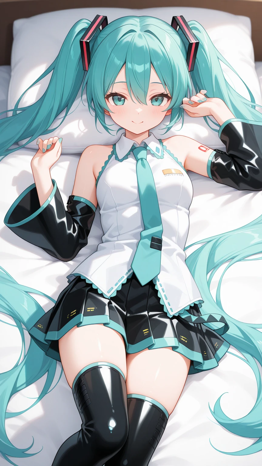Anime girl lying on bed,Wear headphones and a fan, Hatsune Miku, Highest rated on Pisif, mikudayo, Popular on Pisif, Os amigos, Popular on Pixiv, at pixiv, vocaloid, nightcore, Hatsune Miku short hair, Portrait of Hatsune Miku, Pisif, Pisif daily ranking, trend in pixiv