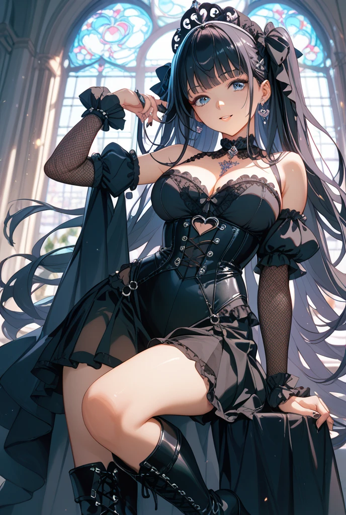 (cowboy shot: 1.5), (white background, simple background: 1.5), (masterpiece:1.5), (big breasts: 1.5), (1 girl: 1.5), young woman, (Beautiful Girl:1.5), (extremely detailed and delicate anime face and eyes:1.5), whole body, (natural light, HDR, extremely details CG:1.3), (dynamic posture: 1.3), {correct body anatomy}, (wide hips: 1.3), (perfect hands: 1.5), single focus, toned body, Beautiful Lips, thick lips, {surreal}, {correct posture}, {minutes details}, {detailed body}, {detailed clothing}, (Bright Eyes: 1.3), (cleavage: 1.3), {accessories}, {sexy}, (Gothic costume: 1.3), Gothic dress, (Floral Frock: 1.3), litlolita dress, black dress, graceful, black clothes, (skirt with lots of frills: 1.3), long frilled skirt, (dress silk overlay: 1.3), frilly dress, (long black lace dress: 1.5), lace, lace rims, frills, (puff sleeves: 1.5), long sleeves with ruffles, (frilled black sleeves: 1.5), embroidery, (black lace-trimmed legwear: 1.5), (black lace thighhighs: 1.3), black legwear, black stocking, (beautiful detailed jewel leather collar: 1.5), (black choker: 1.3), (Silk Black beret: 1.5), earrings, bracelets, (black silk gloves: 1.5), (black frilly gloves: 1.3), pointe shoes, (extra long hair: 1.5), (shimmer hair: 1.5), glowing hair, (two-tone hair: 1.5), (Iridescent dark Navy blue hair: 1.5), (dark Navy blue hair: 1.3), (Iridescent blue streaks: 1.3), (super straight hair: 1.3), (hair over eyes: 1.5), (bright red eyes: 1.5), (bullish eyes: 1.3),