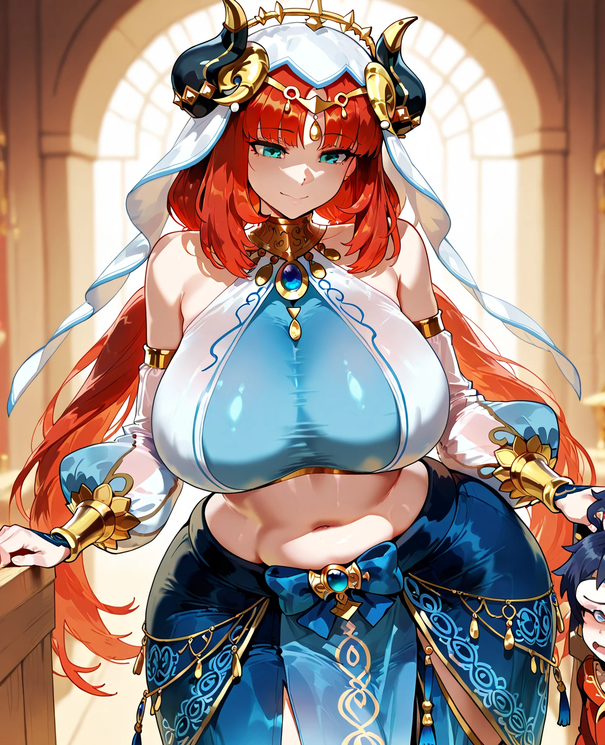 1girl, solo, white background, cowboy shot, red eyes, long hair, purple hair, navel, harem outfit, dancer, jewelry, bare shoulders, detached sleeves, pelvic curtain, large breasts, cleavage, soft stomach, closed mouth, smile, blush