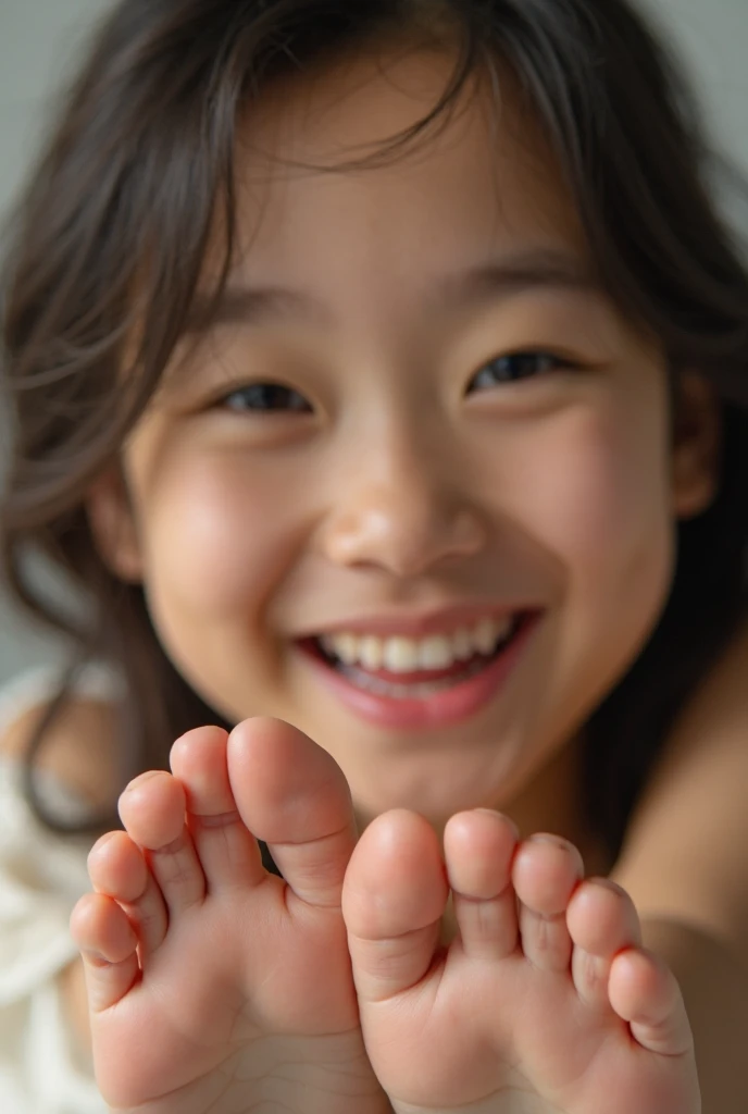Japanese girl, showing soles of feet,((5 toed feet)),high resolution,cum on feet,smiling