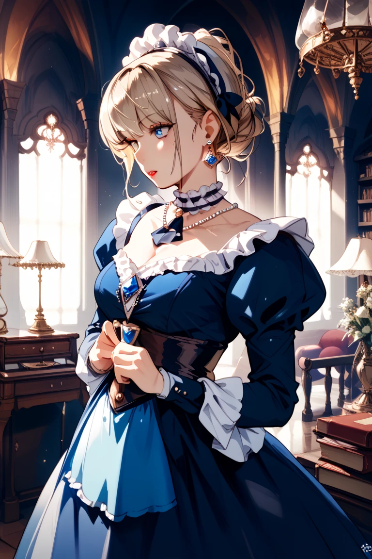 (Obra maestra:1.4), (mejor calidad:1.4), realista, 1 chica, artoria pendragon \(destino\), vestido, biblioteca, sonrisa