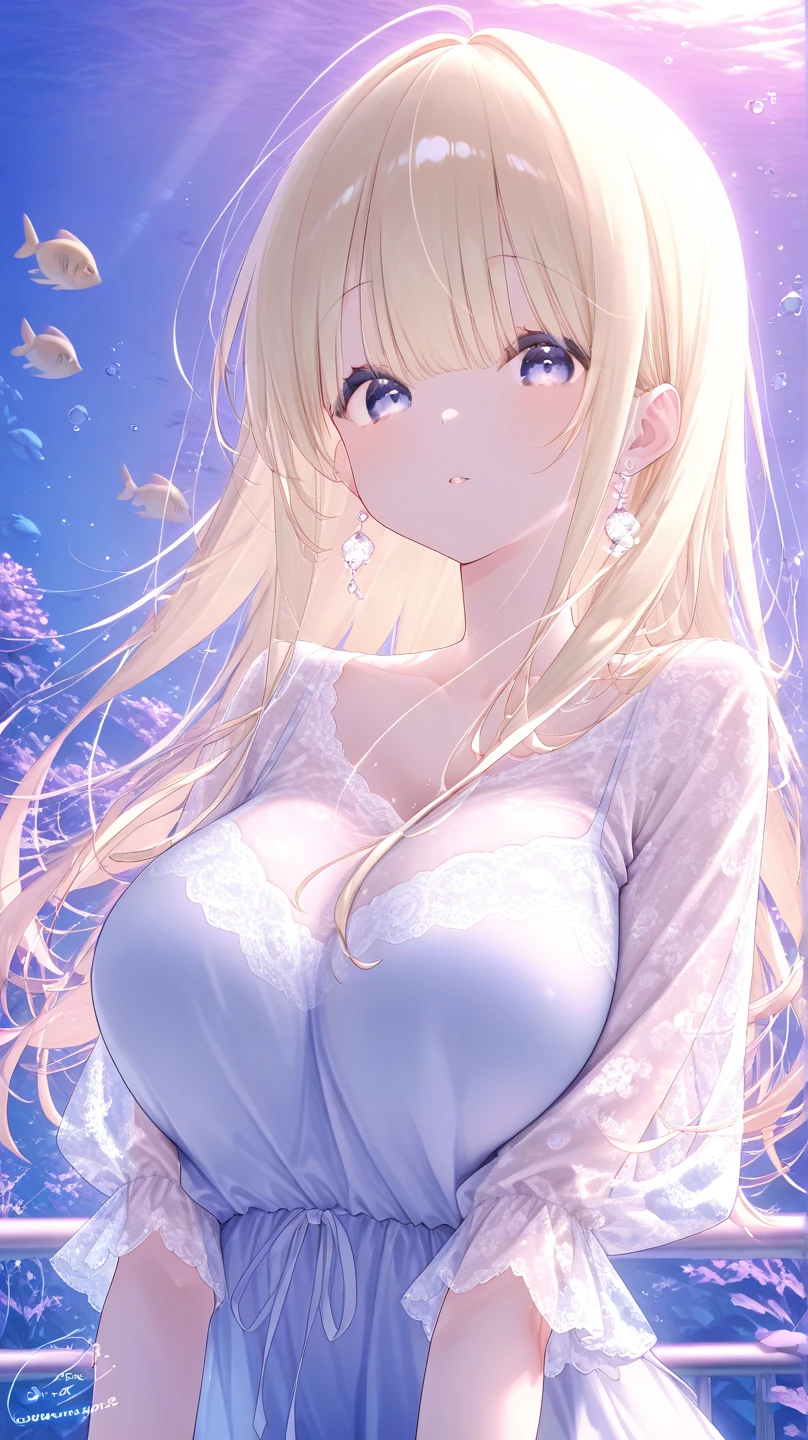 1woman,walking ,blue eyes, Beautiful makeup, long eyelashes,early in the morning,stunning,half body photo, very detailed face,cute,,HD face, perfect face,Short white dress, pink cardigan,very big breasts,Blonde hair,blonde hair,bangs,long hair, straight hair,ultra detail,ultra Hd, masterpiece,4k