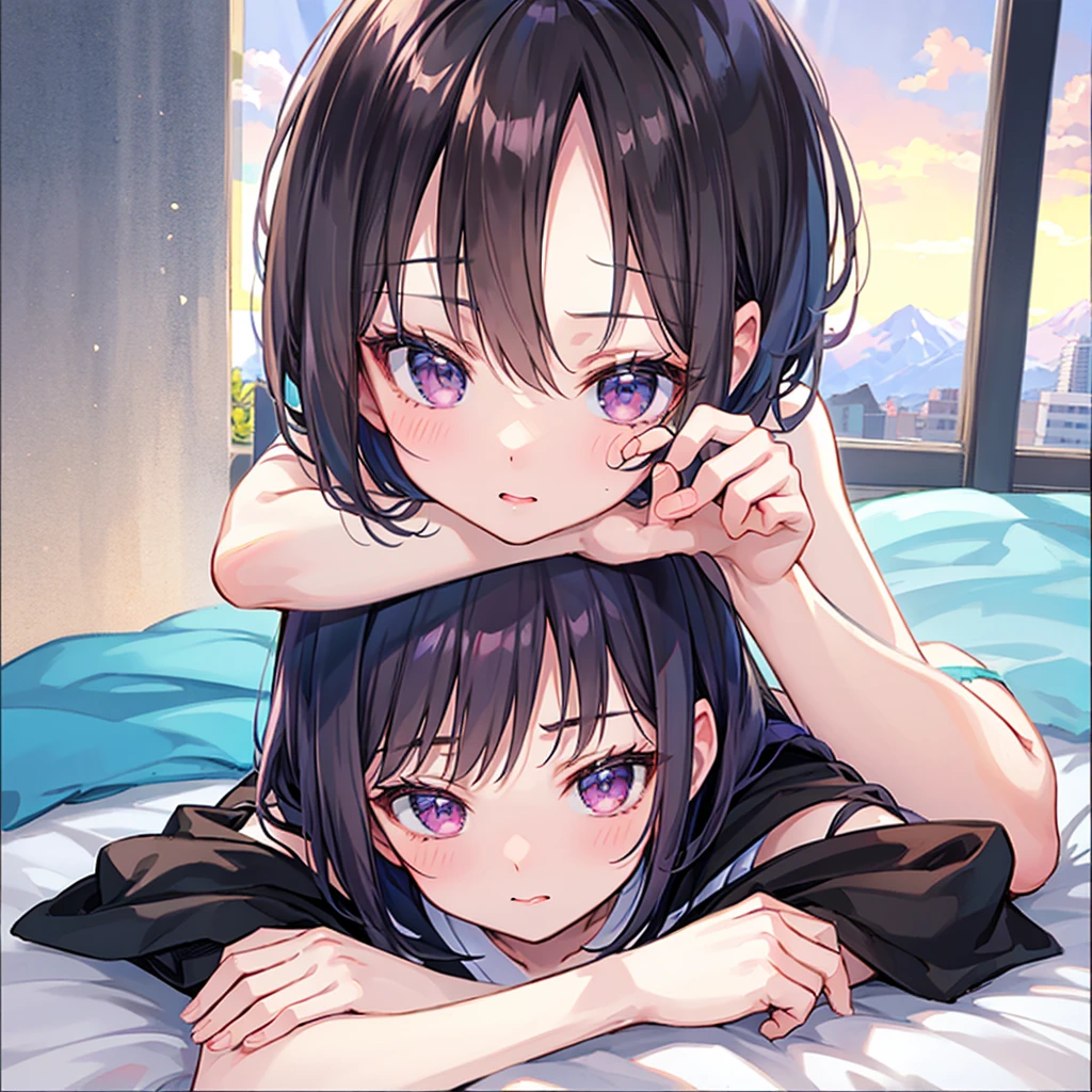 Photorealistic、Highest quality、Highest Resolution、Highest quality、8K、One beautiful woman、Bob Cut Hair、good morning、Yawn、In bed、Looks sleepy、