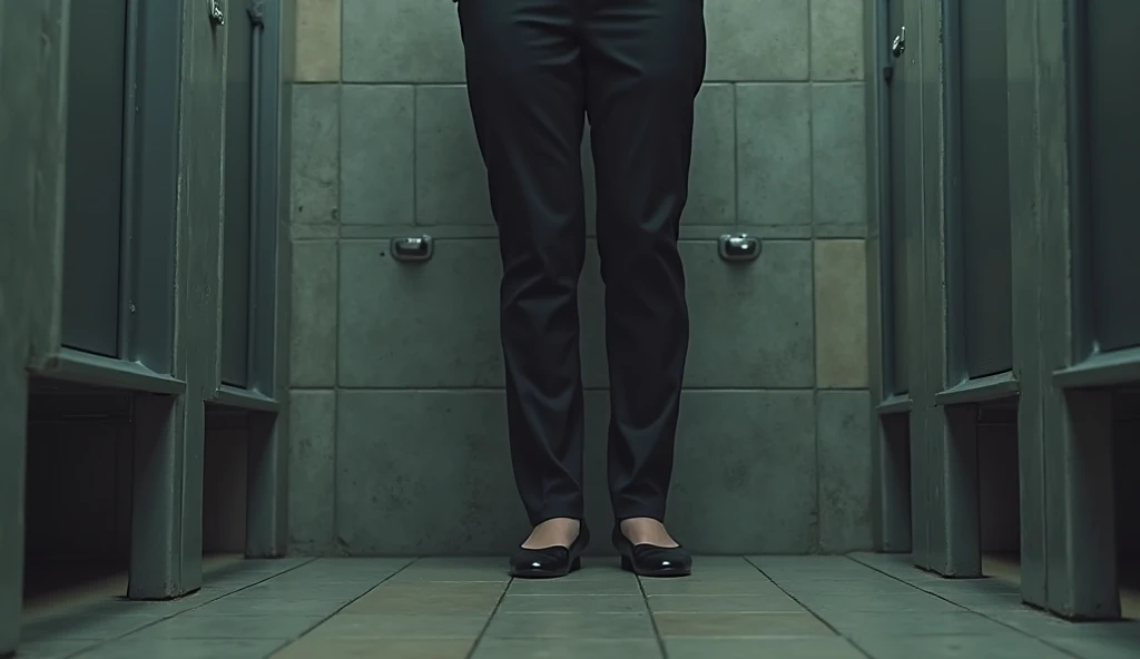 tall blonde, white business pants, heels, ((pee stain)), show heels, ((rear view))