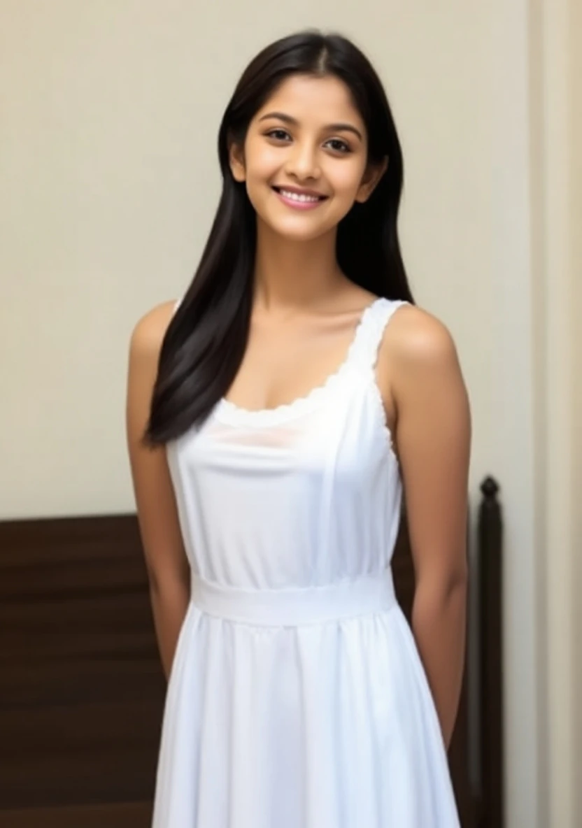 Indian girl, beautiful , smily face, wearing white frock, looking very simple desi girl, sexy pose, close look