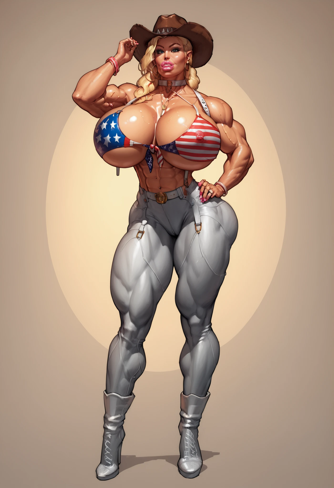 Muscular orc woman,strong,hot bimbo,big boobs,bimbo face,beautiful strong,full height,sexy cowboy look,white leather straps,america,4th july sexy,white cowboy hat,american flag strip look,Uncle Sam sexy suit,character alone.