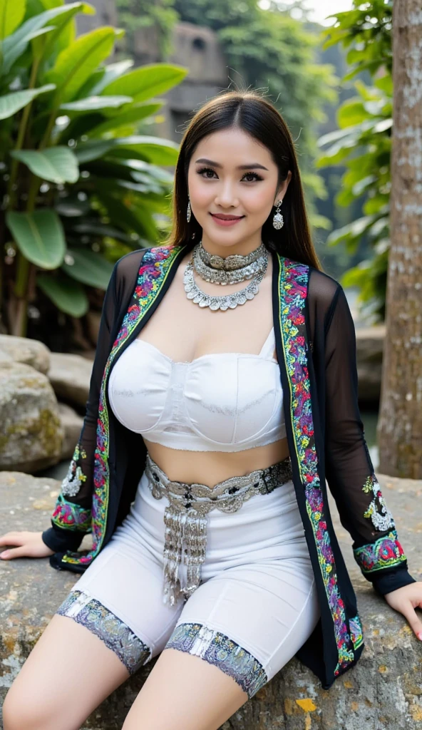 (realistic:1.3), A beauty girl with tattoos on body, beautiful art tattoo detailed, ((text tattoo on her body: Fuck Me)), detailed beautiful eyes, big breast, cute chubby, baby face, insane detailed, quality, (masterpiece:1.2), (photorealistic:1.2), (best quality), (detailed skin:1.3), (intricate details), ray tracing, smile, skirt with pattern, color contrast between the dress and the skirt, skirt pattern, earrings, necklace, Javanese ornament, (blurred background)