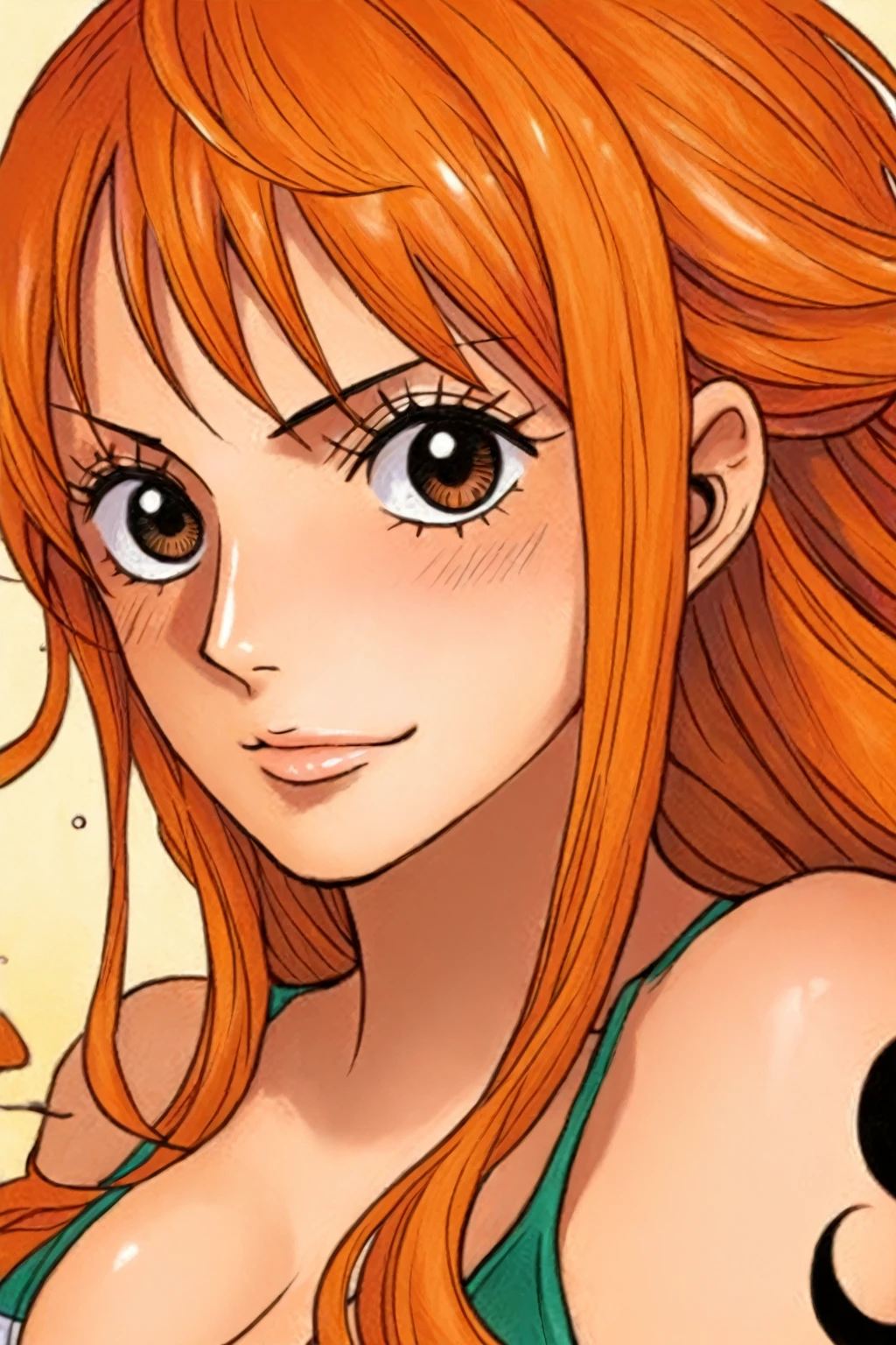 Nami, with her big breasts and beautiful legs, stands blushing in a green bikini.。