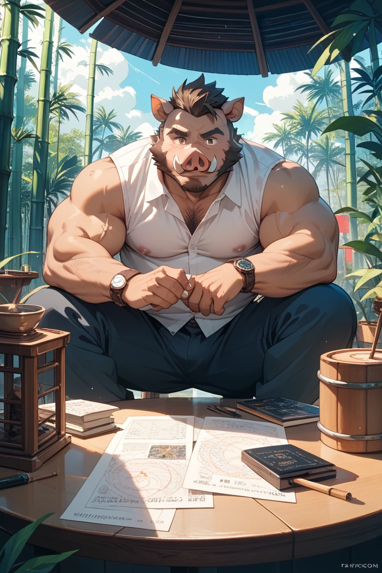 Fat male Rhinoceros, full sleeve colorful tattoos on both arms, torso covered in colorful tattoos, small ponytail, mid 40s, naked, black pants, doing pottery
