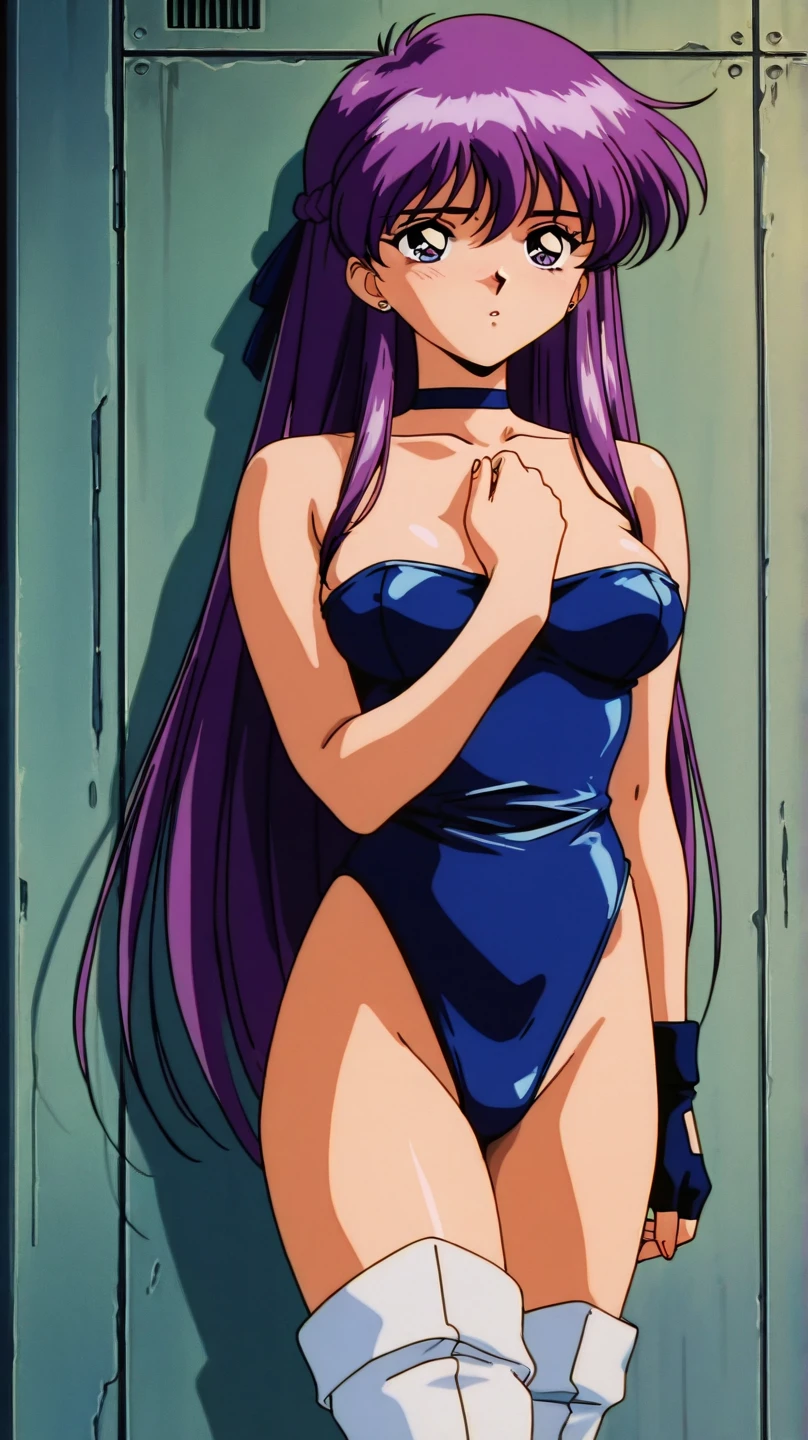 Close-up of a woman with long purple hair, Brown eyed woman, solo, Big Breasts, had very large breasts, Made by Anime Artist Studio, Boobs, clothing:Purple leotard, A woman is standing, leotard with an purple, Anime Style, Muscular Woman, feminine and muscular, Skin-tight leotards, tall, High school girls, Adult sex appeal, Wore pantyhose, Anime dick!!!!, Skin tight pantyhose, leotard top with an tank top, leotard bottom with an high leg,pantyhose with an brown, Bare shoulders, Bare Arms, Leotard and pantyhose only, Cowboy Shot, looking at viewer, Female focus,