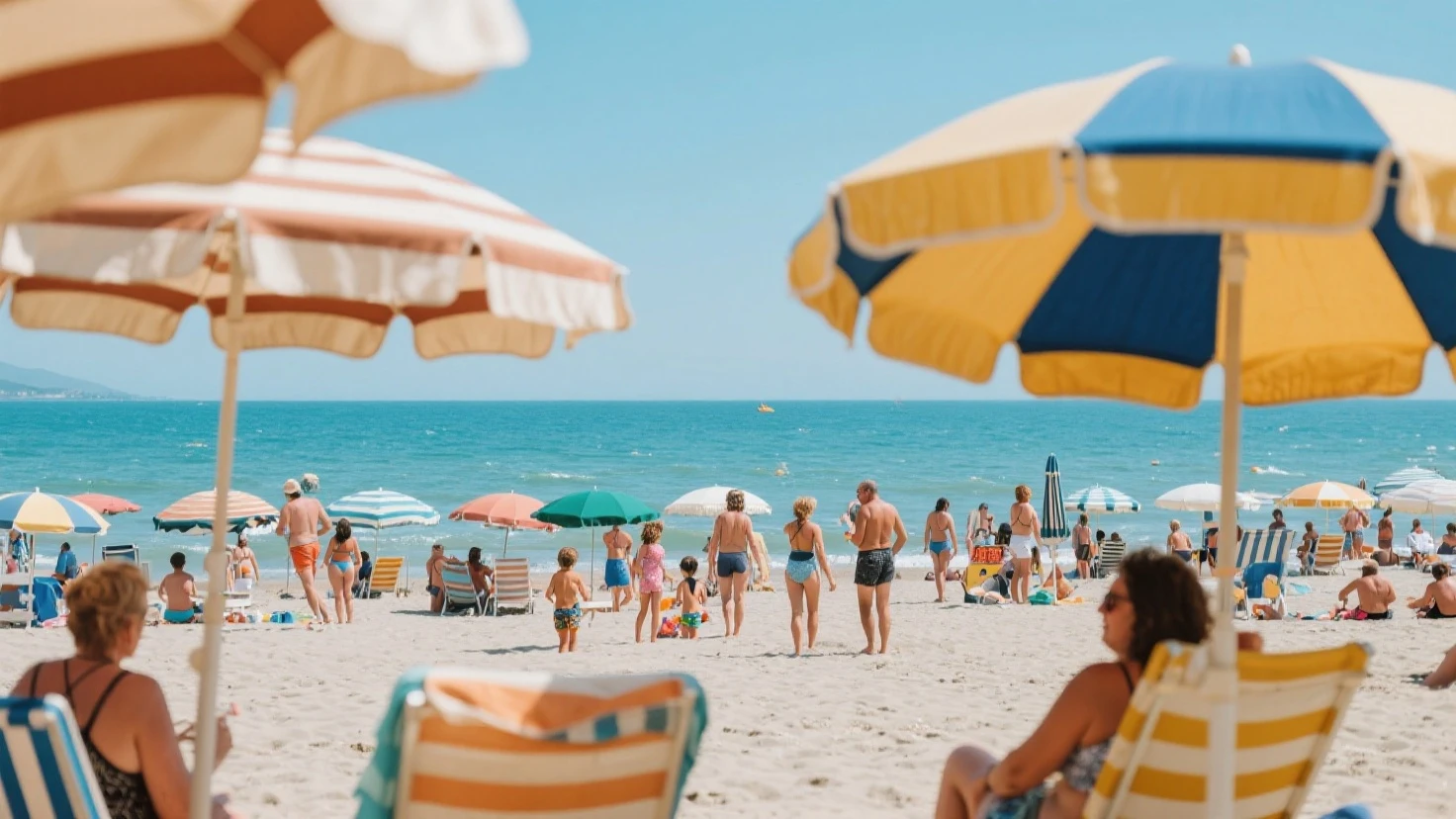 Mallorca, many people sit on the beach, it is crowded