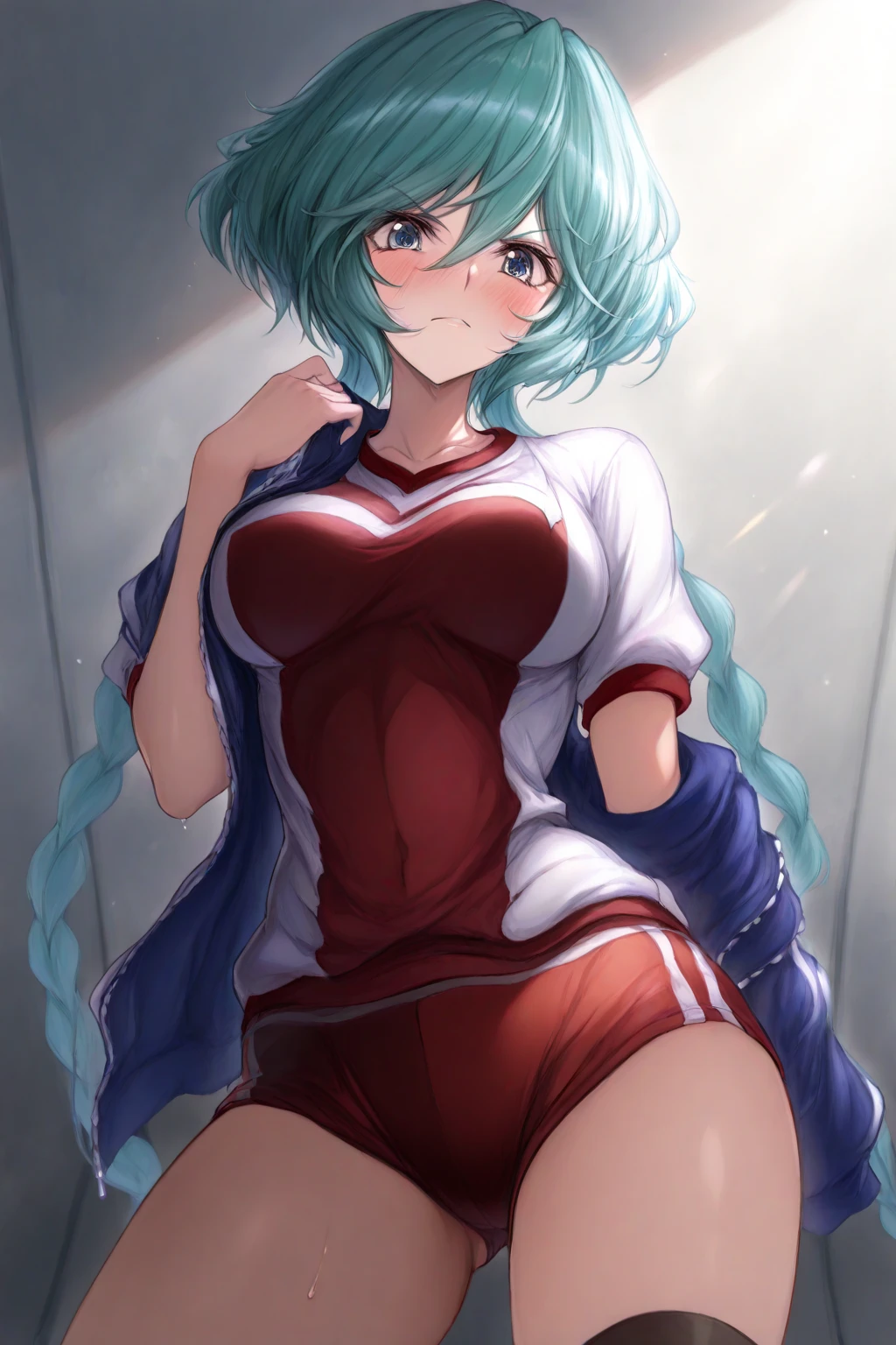 (long beautiful blue hair) cyan eyes, (Eyes behind long bangs) big breasts, Wearing a white  shirt (using an open jacket, Sitting pose using accessories (using socks) perfect shiny pink shoes (white background) Pose facing sideways (hair blowing gently in the wind to the side neatly) long hair, beautiful cyan eyes (Sitting pose, right hand down, left hand down, leaning pose, jaket berwarna pink