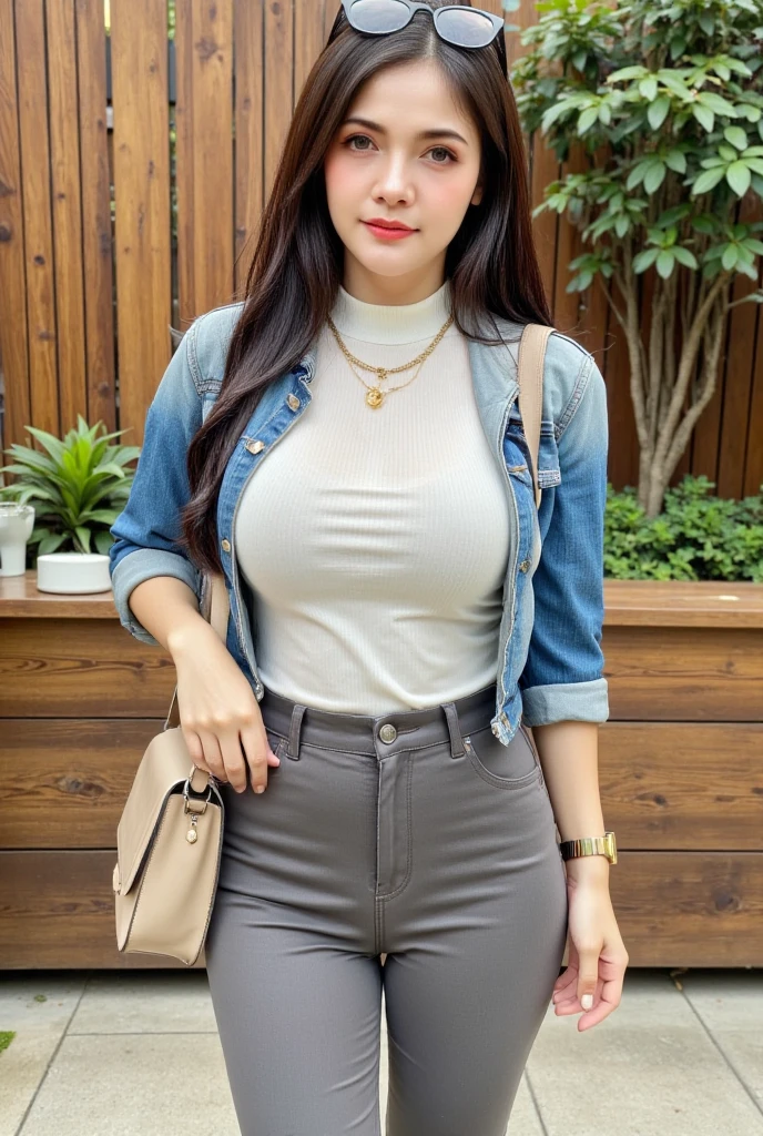 Describe facial features accurately and in detail，Red lipstick, From the chest up, Ultra Detailed，lifelike, Super delicate skin, perfect anatomy (Solitary)，casual pants，Short sleeve，Black belt，Long wavy hair，37-year-old female，Mature，Charming smile，Scenic spots，Standing，Leg length，Big breasts，stand up，full-body shot
