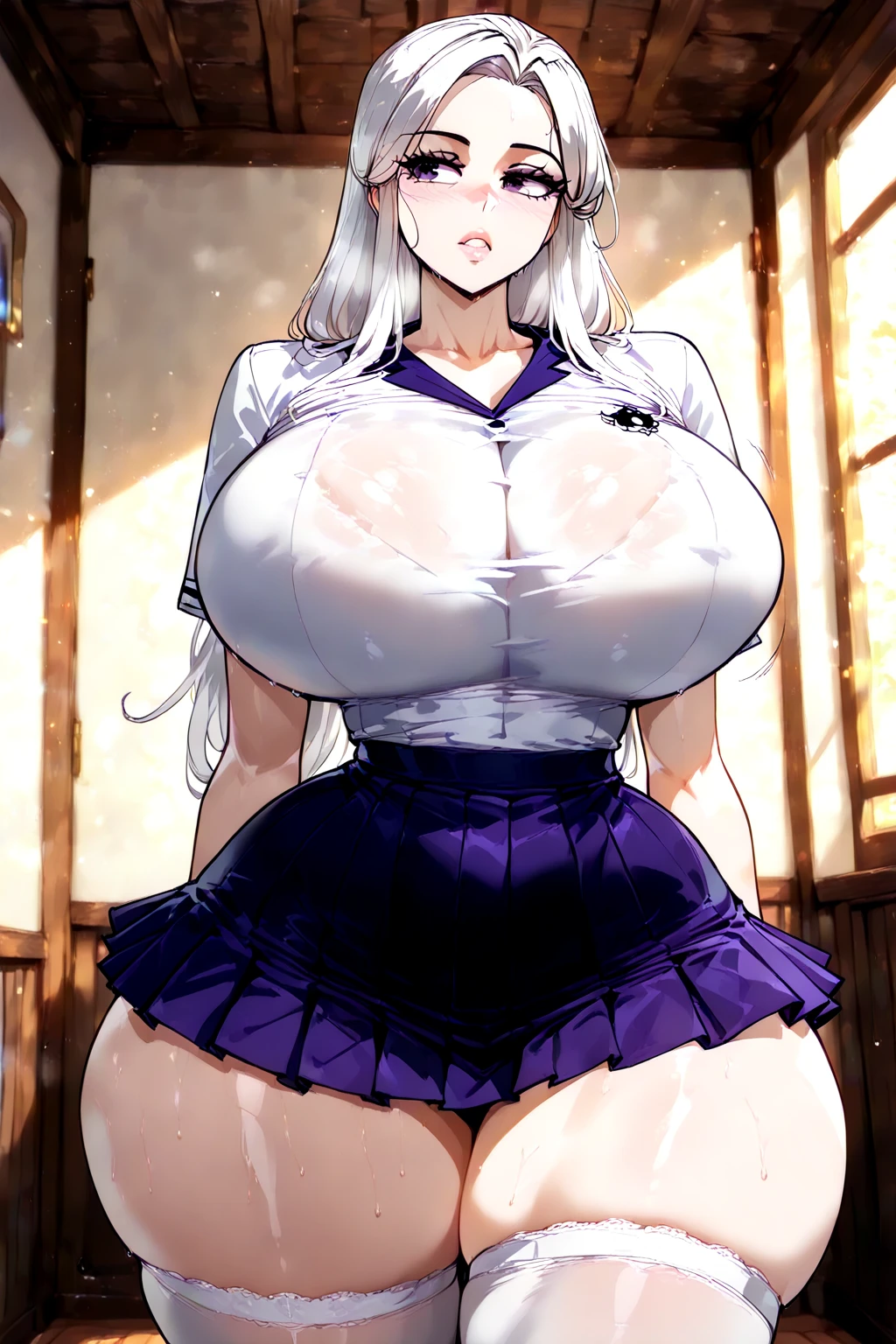 ((((Masterpiece)))), beautiful details, perfect focus, smooth 8K wallpaper, 4320p, high resolution, exquisite texture in every detail, perfect eyes very high detailed, perfect pupils, sclera_eyes_detail, eyes:1.2, human anatomy correct, pastel, hyper_detailed:1.5, (masterpiece), (picture-perfect:1.4), poto, 4k, UHD, high_resolution, very_high_resolution, (((1 girl elf))), (18 years old), solo, long hair, heterochromia eyes, red_blue eyes, breasts, skirt, gloves, ((((well drawn and drawn hands: 0.8))), dress, bare shoulders, ((((gigantic_breasts)))), outdoors, white hair, choker, black gloves, belt, black skirt, clothes lift, black dress, side ponytail, thigh strap, white bra, white panties, tight black thigh high stockings, torn torn clothes, skirt lift, lifted by self, black belt, ((from_below)),