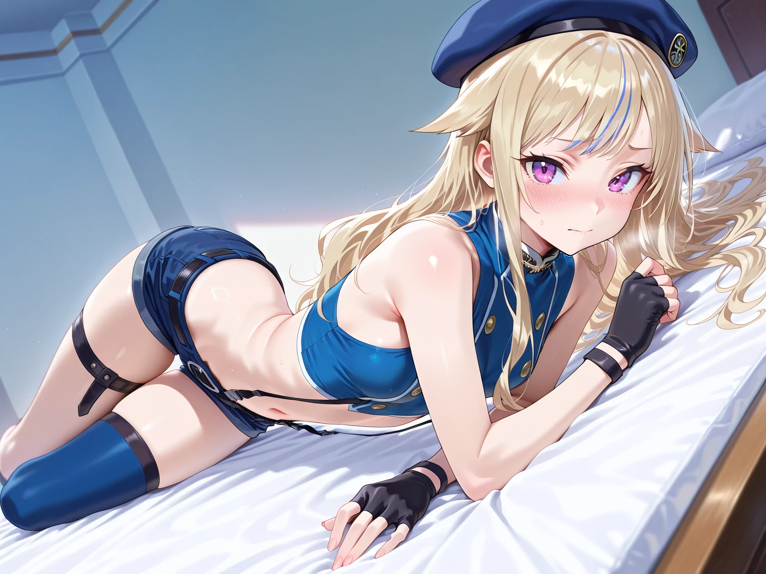 (HDR, Blue archive art), (Kanna from blue archive, blonde hair ,1girl, bangs over one eye, Detailed face, blush, Long Animal ears, Silky skin, Glossy skin, Sweat drops), (Sitting on car, Legs spread), (Race Queen swimsuit, Thigh-highs, cameltoe), Portrait, Front view, Full body