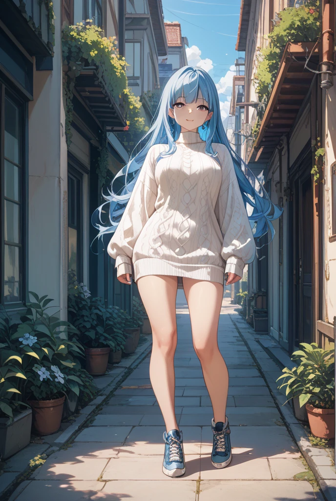 Ouro Kronii, 1girl, solo, long hair, multicolored hair, breasts, pants, bag, sweater, coat, turtleneck, denim, jeans, handbag, turtleneck sweater, high-waist pants, bare shoulders