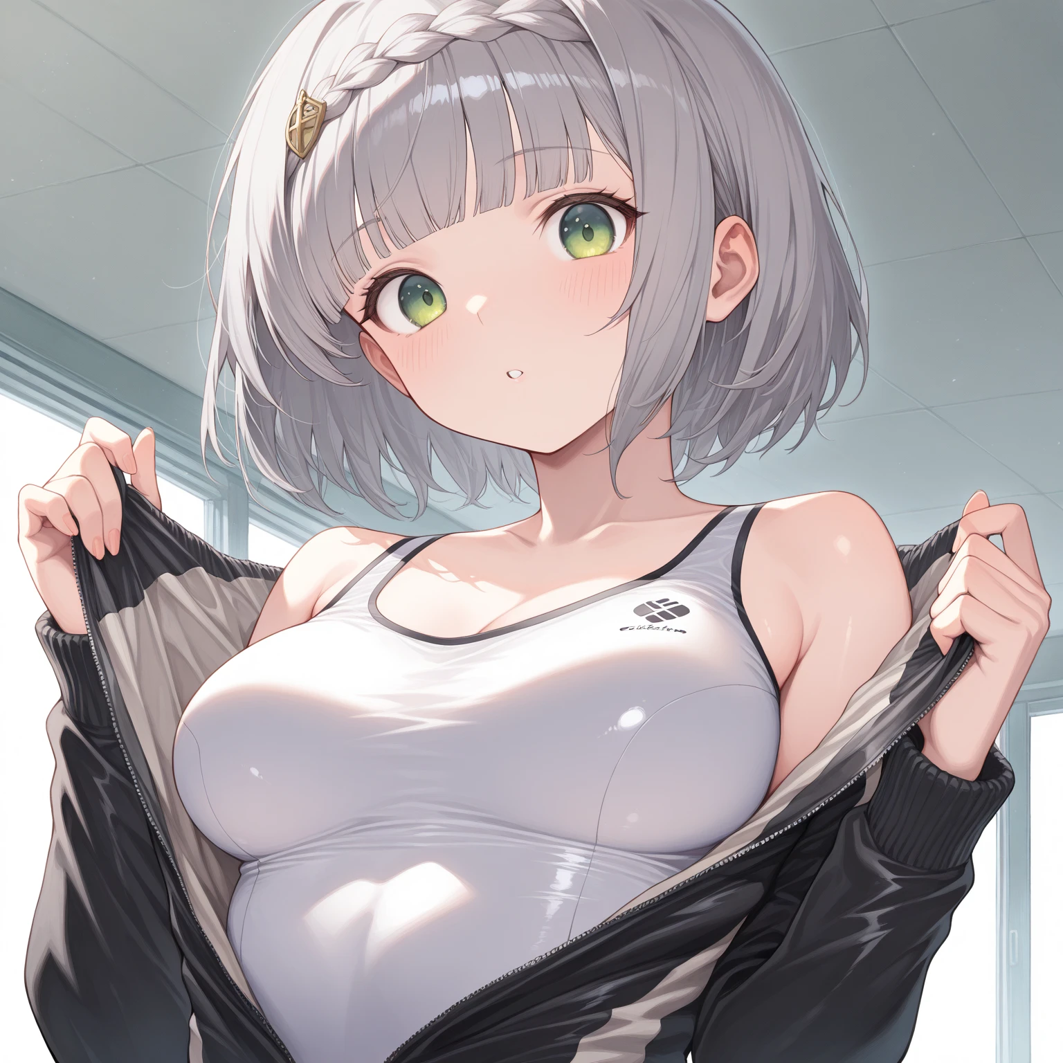 1girl,legs,breasts,masterpiece,best quality,very aesthetic, absurdres,pale hair,pale eyes,light blue eyes,Detailed eyes,(buruma:1.3),(simple),wet shirt,Cameltoe,(straight-on)
