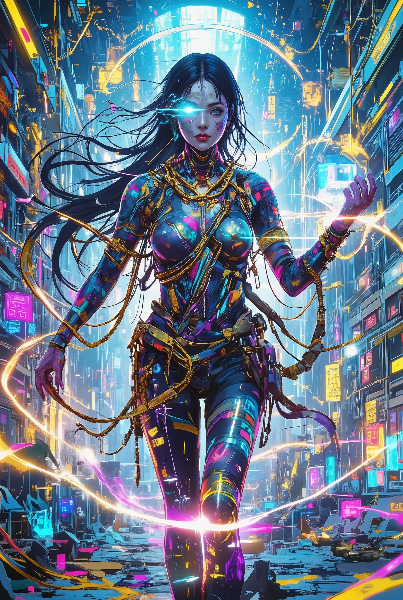 The Cyberpriest, the sacred guardian of the digital temple, hovers in the neon expanses of the metaverse. Her body is a fusion of ancient magic and supertechnology: golden chains and cables that shimmer like spells, her face hidden under a holographic veil with running symbols of an unknown code. In one hand she holds a staff that emits waves of data, in the other a bowl of liquid light that reflects the faces of everyone who has ever connected to the Network. Background: a futuristic temple made of glass and energy, where server racks are lit instead of candles, and the altar is a giant neural interface. Digital mantras in Sanskrit and binary code are floating in the air. Colors: Electric blue, neon gold, dark purple. Composition: Dynamic shot from a low angle, emphasizing power and mystery. Style: A mix of cyberpunk and fantasy, detailed, with a contrast of cool blue and warm gold. The mood is mysterious, almost religious, but with a touch of technological transcendence.
