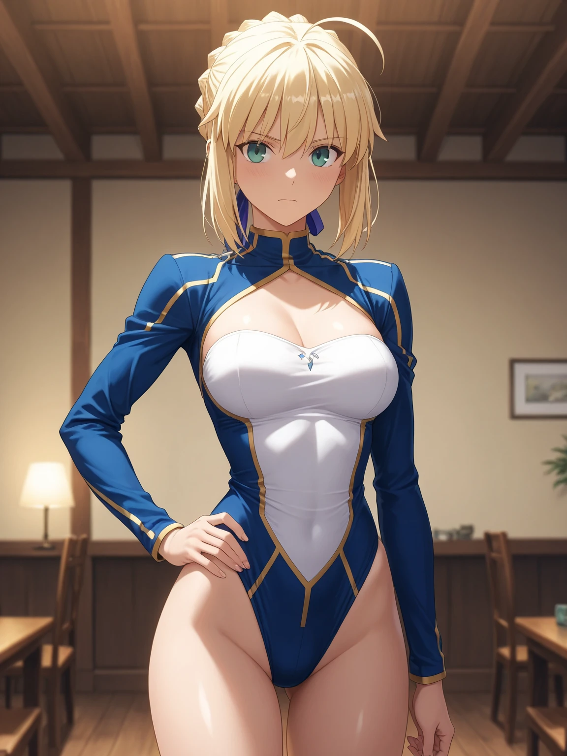 best quality, amazing quality, very aesthetic, 1girl, saber, fate/stay night, 1girl, artoria_pendragon, fate/stay night, , (artist official art:1.5), french braid bun hair, ahoge_hair, green eyes, steaming body, large breasts, jitome, cinematic light, queen_outfit, stand_up_straight, hands_behind, n bedroom, happy, smile, blush, night, looking_at_viewer, oily_skin, cool