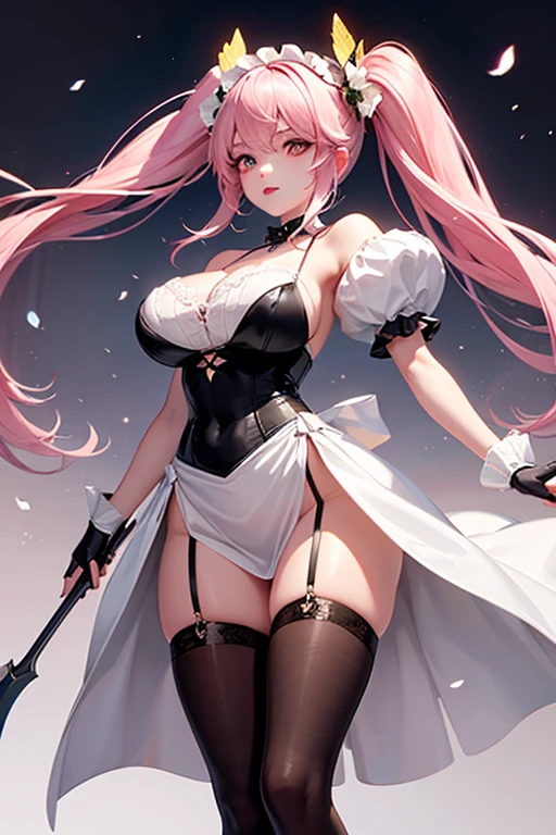 Ikaros, pink hair, esmerald eyes, angel wings, bare shoulders, broken chain, chain, cleavage, collar, collarbone, feathered wings, navel, pink wings, pleated skirt, red ribbon, ribbon, robot ears, skirt, thighhighs, white skirt, white thighhighs, wings, zettai ryouiki, ilustration, (1girl:1.4), (masterpiece, best quality, glowing light, glistening, shiny skin, ultra detailed), (perfect face, detailed face, detailed eyes,perfect hands,perfect fingers), (medium breasts, blushed), (mature female:1.4),cowboy shot,thicc), short hair, (((gradient hair))), paradise background, ((8k wallpaper))