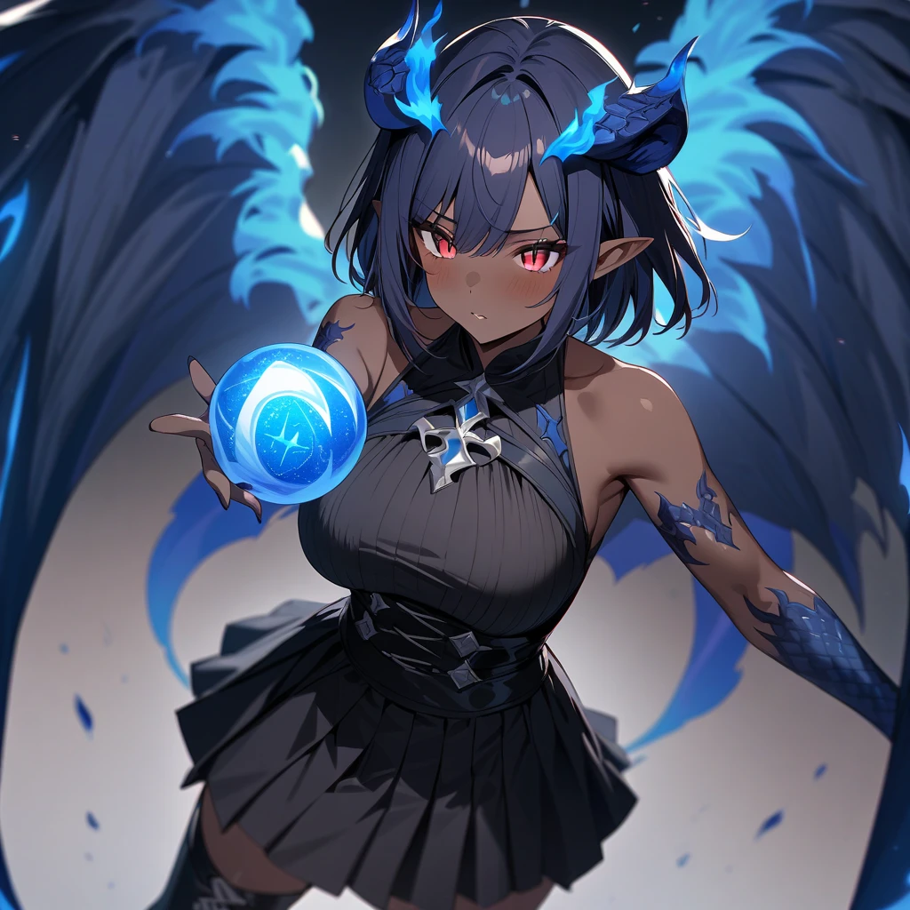 1girl, solo, chain, bandages, long hair, skull, barefoot, navel, fire, jewelry, tattoo, black hair, fingernails, simple background, horns, white background, blue fire, toenails, midriff, full body, long fingernails, nail polish, sharp fingernails, very long hair, cuffs, blue eyes, breasts, blood, necklace