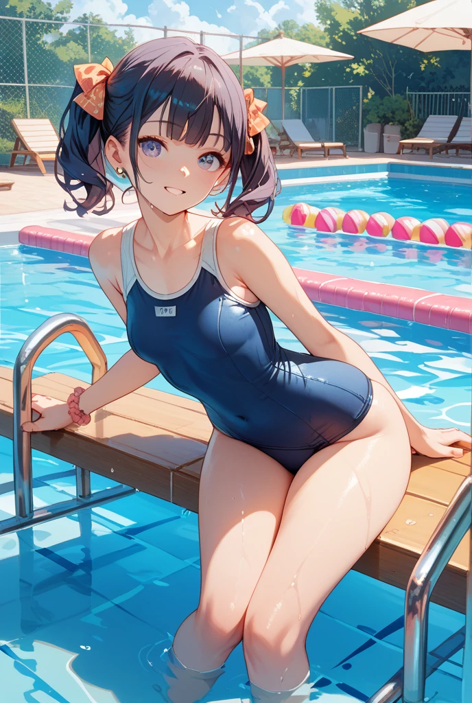 BREAK Perfect Anatomy、(High resolution:1.2)、Incredible illustrations、(Cute illustrations:1.2)、(nsfw)(dynamic angle,)
(Beautiful background(poolside at night
)single focus)
1girl(brown hair,twin tails, tanned skin: 1.3,blue eyes,fang)1girl((a girl,slender 1.7meters, 45kg,
((Competitive swimsuit),,see through,,)