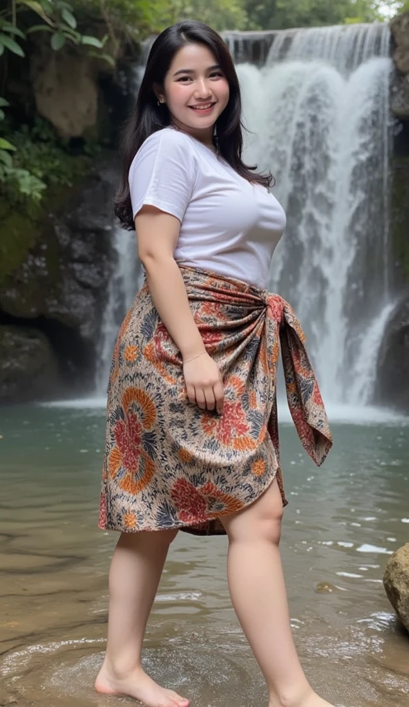 Day scene, A radiant, full-figured South Indian 35 year old aunty a cream colour chiffon mini skirt and white chiffon shirt, standing, in a garden captured in a full-body image with vibrant hues and meticulous details. Full body image