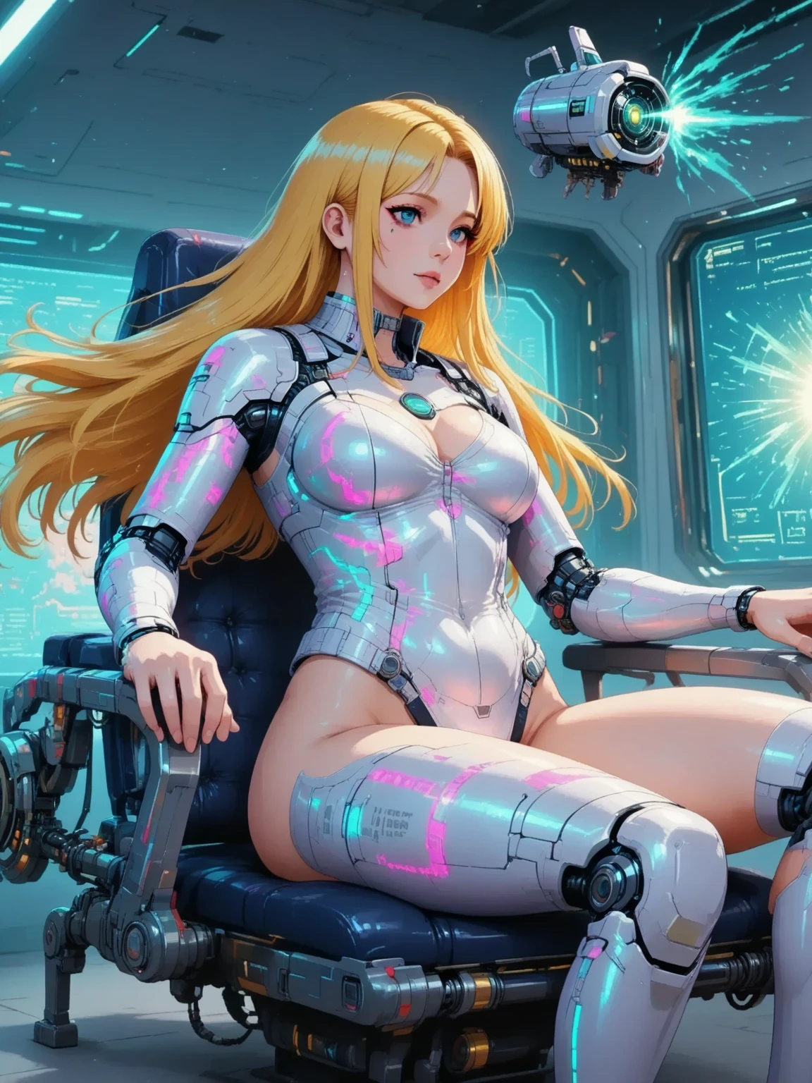 Cyborg 19yo naked completely, ((blonde)), steel body. two buns hair, long hair, pink latex stockings, touching her breasts, robot, cyberpunk, shiny metallic string, neon lines Bra, android girl, Pretty face, detailed eyes, looking to the side, face ultra detailed, focus face, camel toe, eyes detailed, photo, photography, focus, full body, full shot, (full body: 1.5), (((skimpy))), lying down