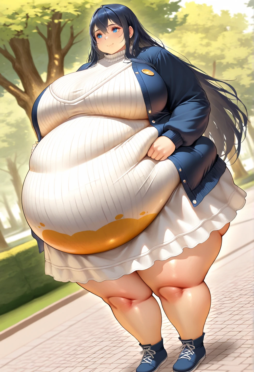 fat, Cynthia, big belly. obese, Cynthia pokemon, blonde hair, wearing a sweater, fat, table with food, sitting, grabbing belly, shocked
