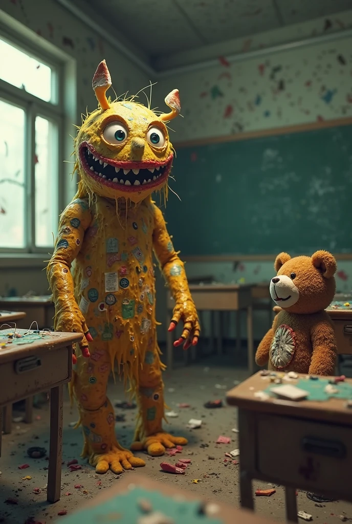 A humanoid monster made of candy runs to the camera, Perspectives, The monster is in an abandoned and dirty corridor, There were several people lying on the floor of the corridor, Horror movie style, Camera DSLR camera, A high resolution, 4K