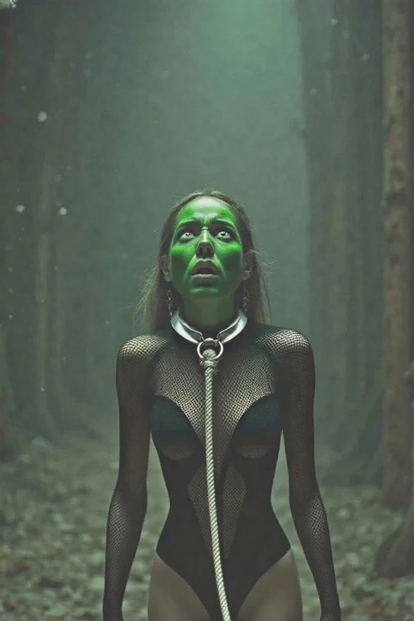 Garota albina, de longos cabelos brancos, olhos negros sem pupila, corpo voluptuoso e sensual, envolta em pequenas tiras de seda branca transparente, coming out of a cave full of slime and around human skulls in pieces, cinematographic scene, little lighting, Scenery rich in detail