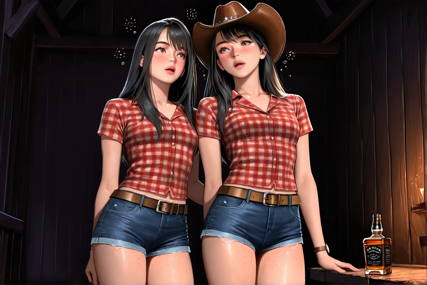 (((1 person:2.0))),(((Slim body:1.8))),(((Ultra mini skirt))),(((Wear a western hat))),(((wear a leather belt))),(((He is wearing a red short-sleeved plaid tie-front shirt))),(((Brown gun belt with holster:2.0))),((Brown cowboy hat:1.8)),((Wear a metal watch on your wrist:1.8))),(((Showing cleavage))),(((Exposed thin inner thighs))),(((Small breasts:1.5))),(((Bare arms))),(((Her hair is black))),((Blushed:1.2)), Beautiful detailed girl, Very detailed目と顔, 緻密でBeautiful Eyes, Very detailed, High resolution, Highest quality, masterpiece, Very detailed, 8k wallpaper, wonderful, finely, Highest quality,(Standing in front of a wooden wall),Beautiful Eyes,((Engage your audience:1.2)),(((Full Body Shot:2.0))),((Are standing:1.2)),((Put your right hand on your chest:1.5)),((Drinking whiskey:1.4)),(((Drunk,Have severe hiccups:1.5)))