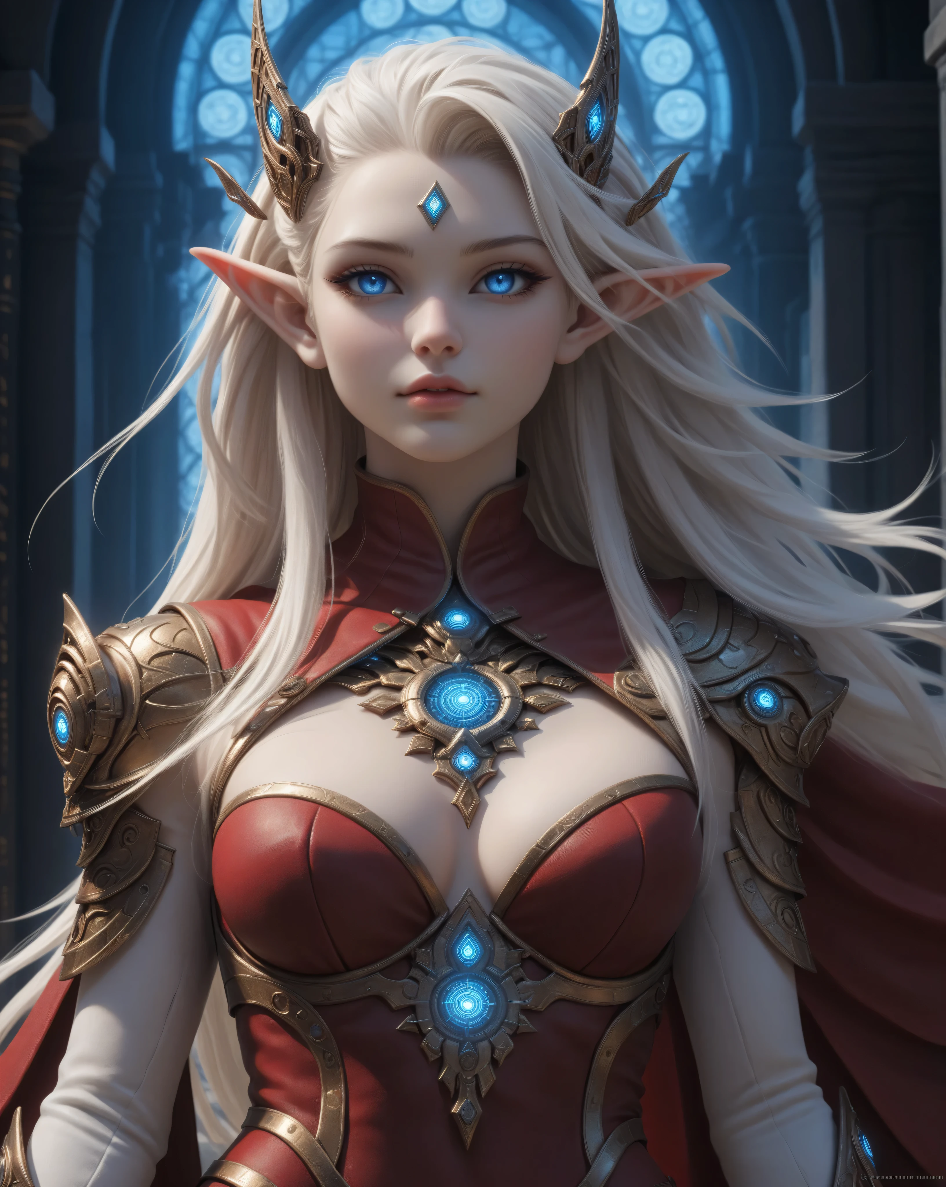 score_9, score_8_up, score_7_up, portrait of an elf maiden serving in a cyber futuristic elf temple (Masterpiece, best quality), ultra feminine, with a long curvy hair, light color hair, blue eyes, ((beautiful delicate face)), Ultra Detailed Face, red cloak, wearing an intricate white dress, wearing holy symbol with cyber implants, high heeled boots, cyber punk art, full body, best details, highly detailed, best quality, highres, cyber temple background, a sense of divinity, soft light, dynamic light, high details, best quality, 16k, ultra detailed, masterpiece, best quality, (extremely detailed), dynamic angle, 3DMM