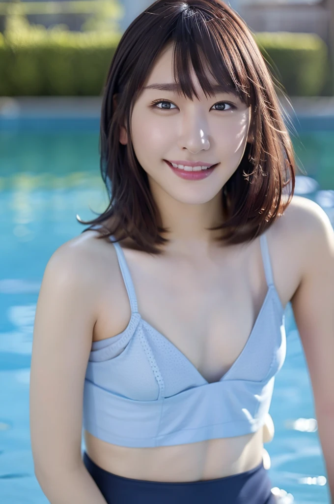 ((highest quality、8K、masterpiece:1.3))、standing、Sharp focus:1.2、(Realistic、Photorealistic:1.37)、Laughter、Woman with beautiful face、25 years old、Pointed Chest、Long eyelashes、Colored Contact Lenses、big 、Delicate、Very fine grain、Highly detailed eyebrows、(Sharp eyebrows)、(Thin eyebrows).Highly detailed face、(Brunette messy hair:1.3、From below、Detailed Background(8K、masterpiece、highest quality、Raw photo、Brunette messy hair:1.3、 (detailed micro bra)、(Japan School Pool:1.3)、(blue sky:1.4)、(sun:1.4)、(A radiant smile:1.3)、(short pants:1.2)、(Bend your knees and jump into the pool:1.4)