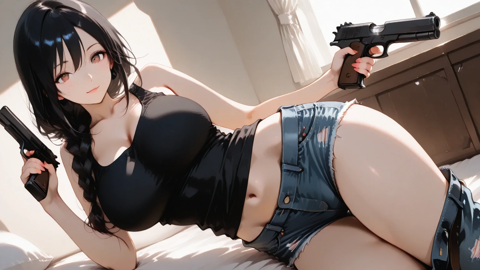 (ultra realistic, highly detailed:1.4), best quality, masterpiece
girl, tall asian woman, gray tank top and shorts, midriff, lying in bed, slender body, massive breasts, cleavage, ((longtorso, ltso):1.1), tall