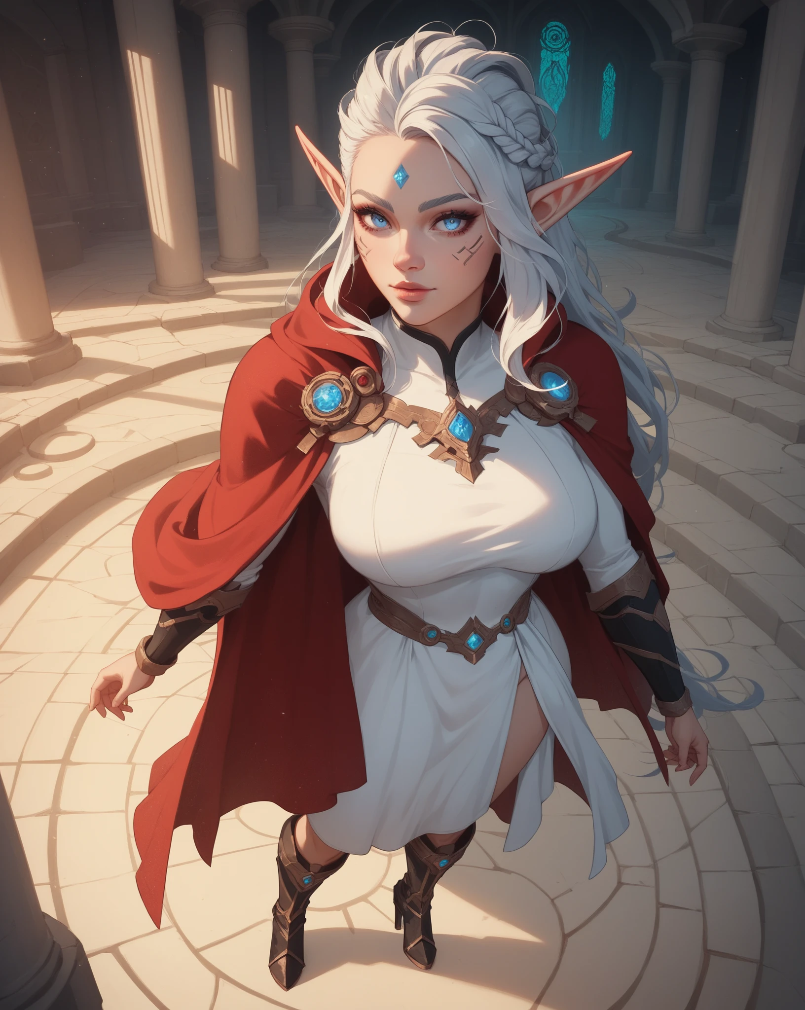 (magic fantasy art),(oil painting),(masterpiece, top quality, best quality, official art, beautiful and aesthetic:1.2), (1girl:1.3), white silver short ((hair sideswept to one side)) , extremely detailed, portrait, looking at viewer, solo, (full body:0.6), detailed background, close up, blue gem eyes, (dark fantasy ((nature plains)) at night theme:1.1), ((elf)) (((monk))), smirk, mysterious, revealing monk attire, (black) monk cloth, cleavage, skindentation)), slim waist, slim hips, long leg, shadows, magical atmosphere, (only moonlight), dutch angle, (fists battle pose)