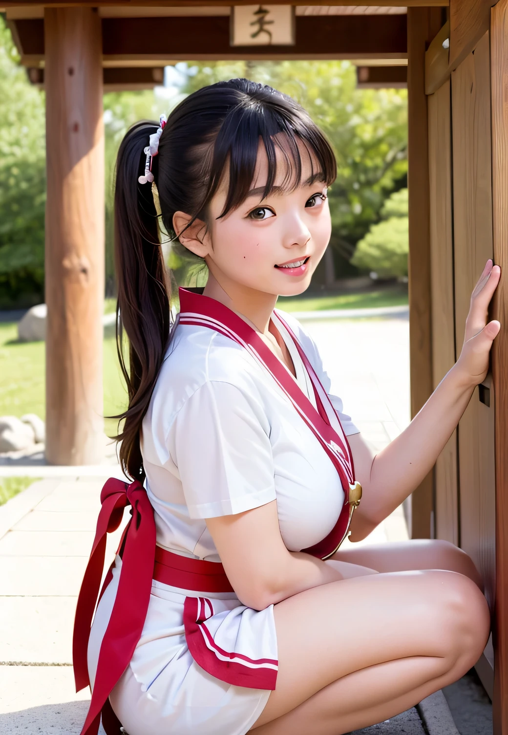 All fours,panty shot,realistic photo,truly cute girl ,very sexy pose and cloths,japanese maiden shrine,wearing white garps,sleeveless wearing red extremely mini skirt,smiling at the viewer, neckline and cleavage are clearly distinctive, big boobies ,from side,braids hair, noskirt