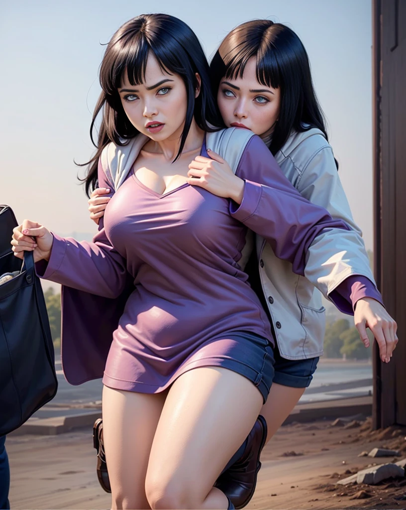 Fotorrealista, melhor qualidade, obra-prima, Rainy cemetery, Spirit, 2 beautiful women wearing ripped jeans one with t-shirt tied at the waist and the other with a wet nylon blouse showing was large and well seductive breasts and the two are looking at the observer. tema escuro --auto